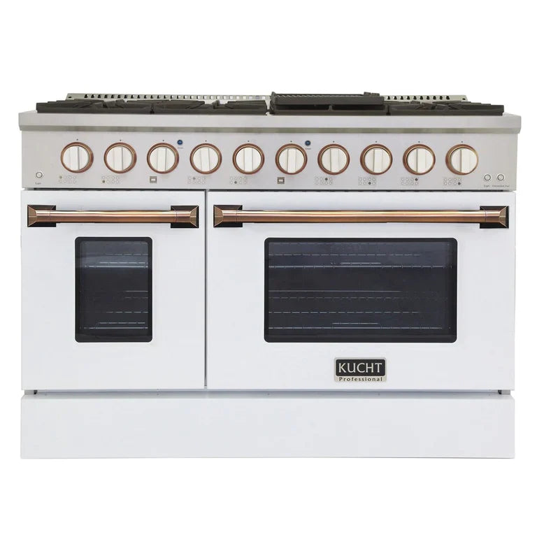 White 48-inch propane gas range with convection oven, gold knobs and metal handles