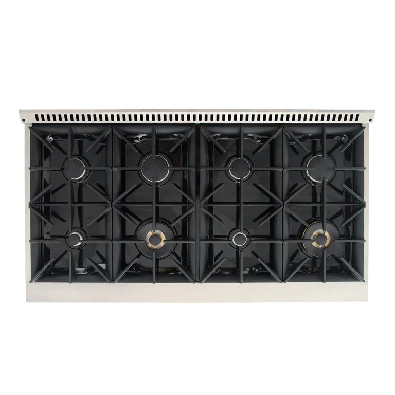 Black cooktop burner grates with five burner rings and gold burner caps