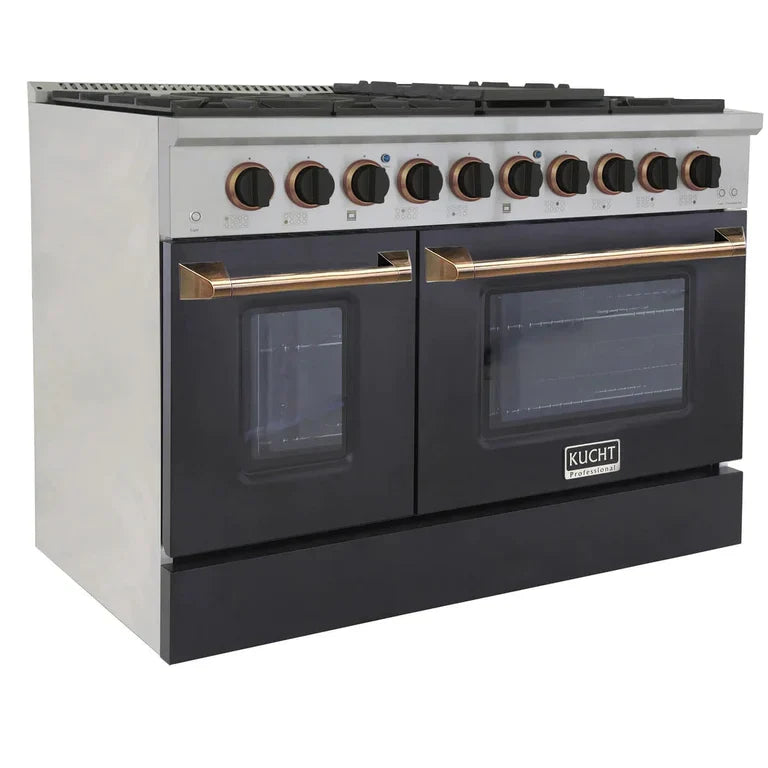 Propane gas range front view with 2 black glass doors and gold bar-style handles