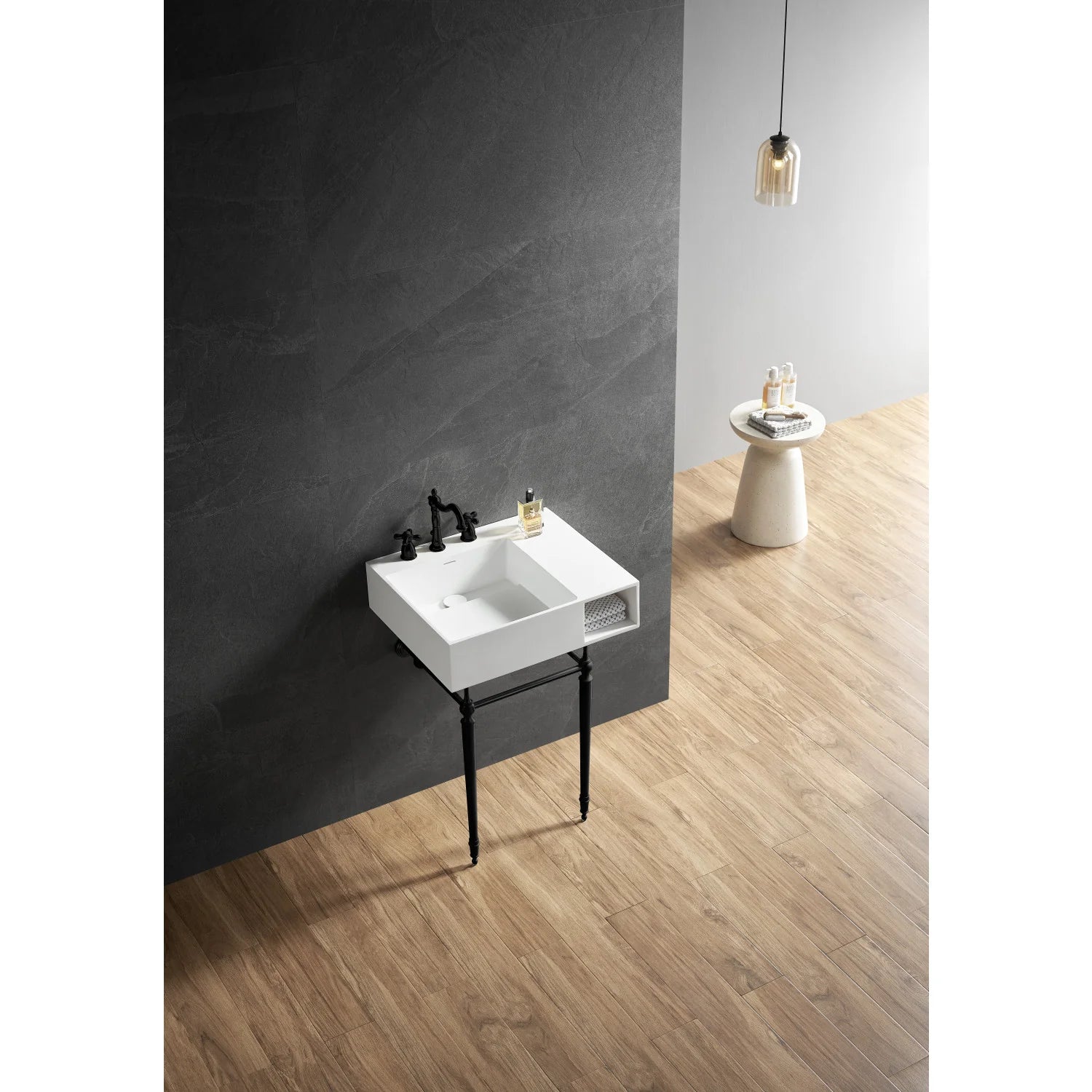 Matte white console sink with square basin, black legs, and mounted faucet accessories