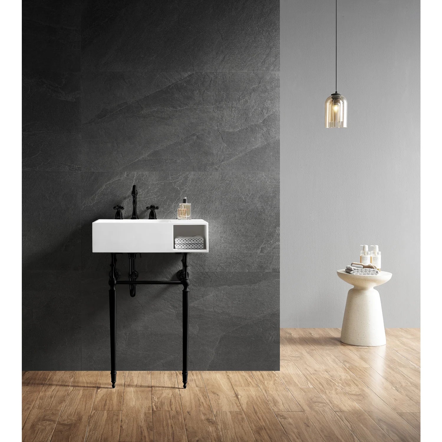 Matte white console sink with square basin and black metal legs, featuring faucet fixtures