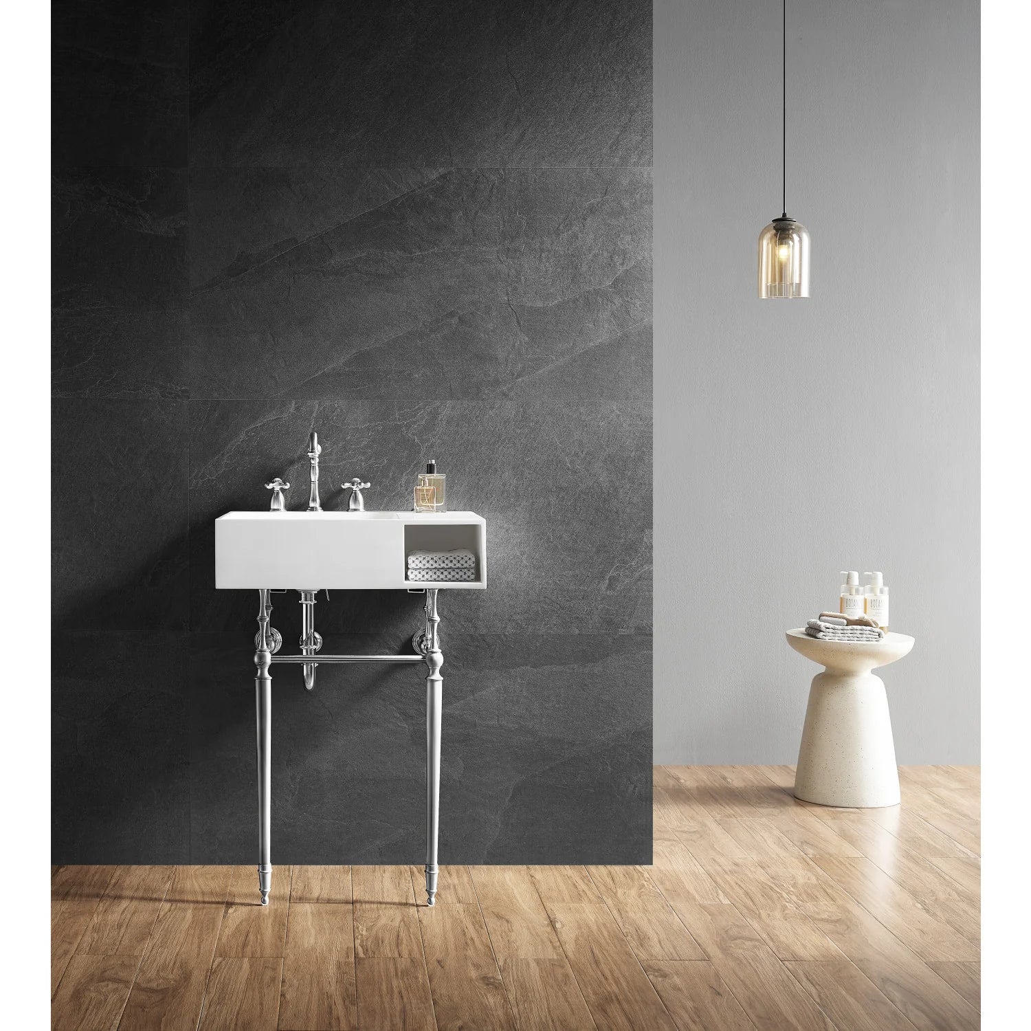 Matte white console sink with polished chrome legs and 3 faucet holes