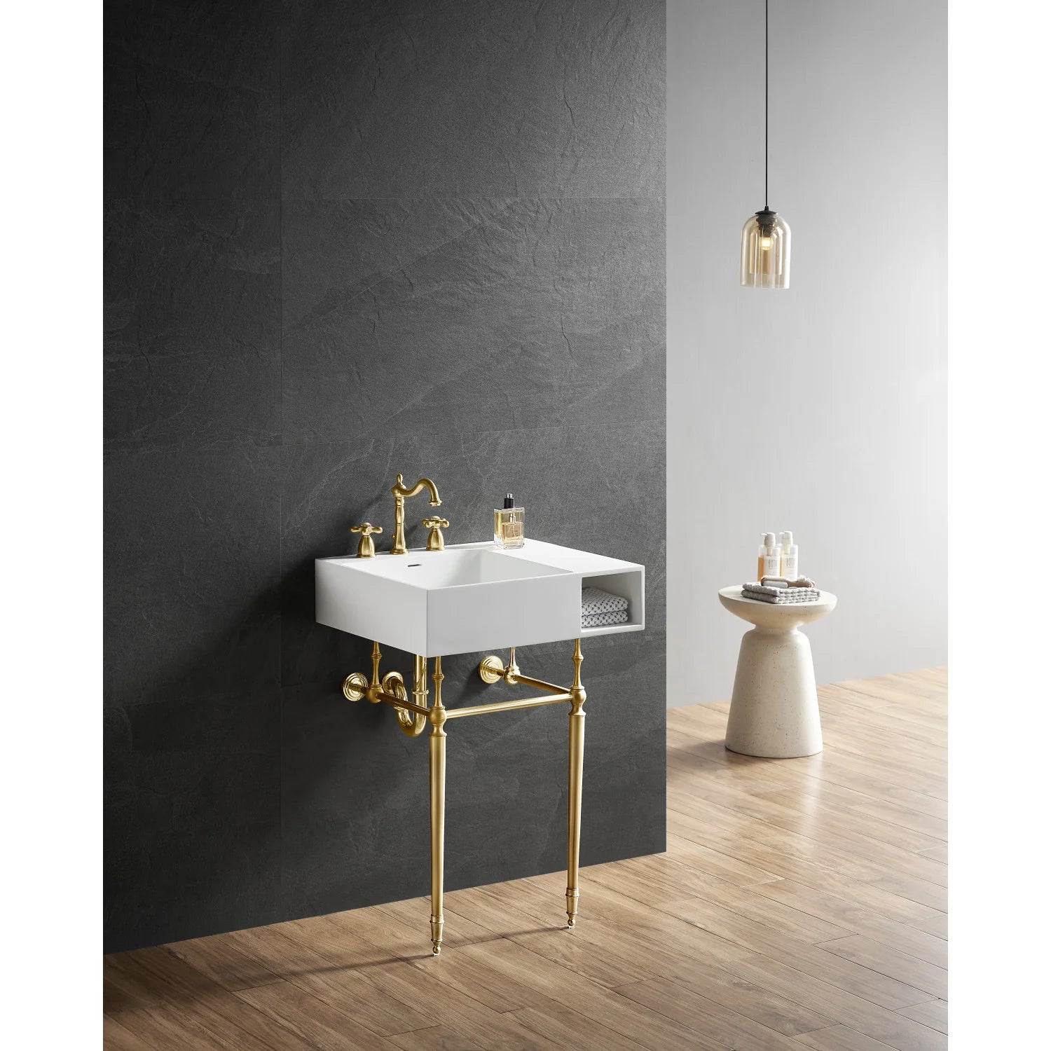Matte white console sink with brass legs, square basin, and 3-hole deck