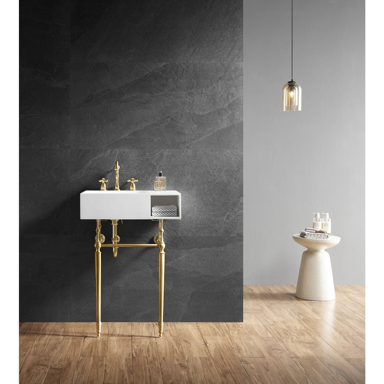 Matte white console sink with brass legs and 3-hole faucet deck