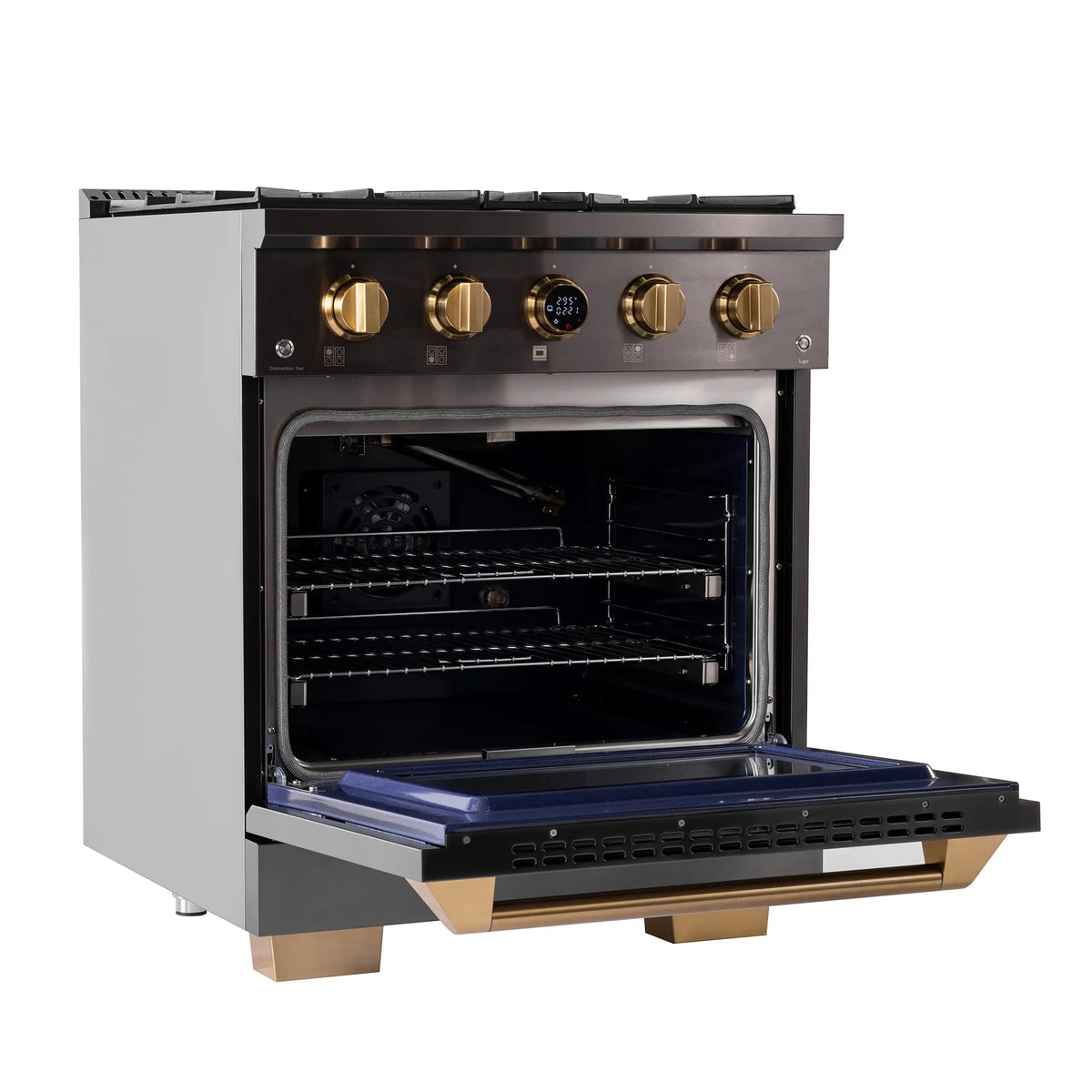 Open oven interior with baking racks on a dark titanium stainless gas range