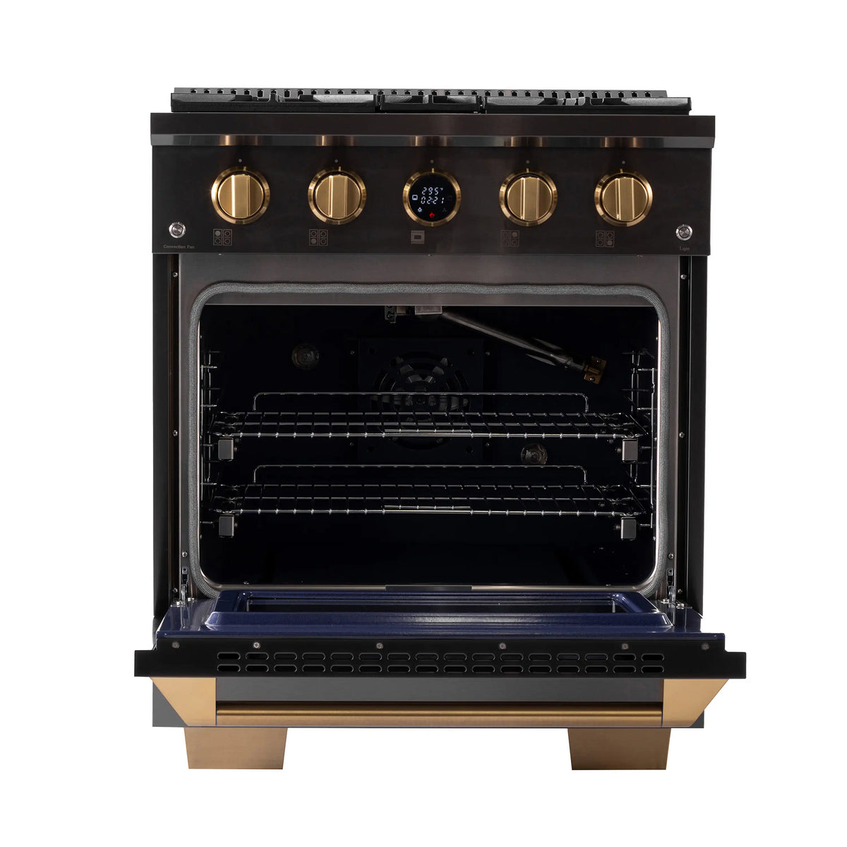 Open oven cavity with metal racks and dark interior, dual fuel range front controls