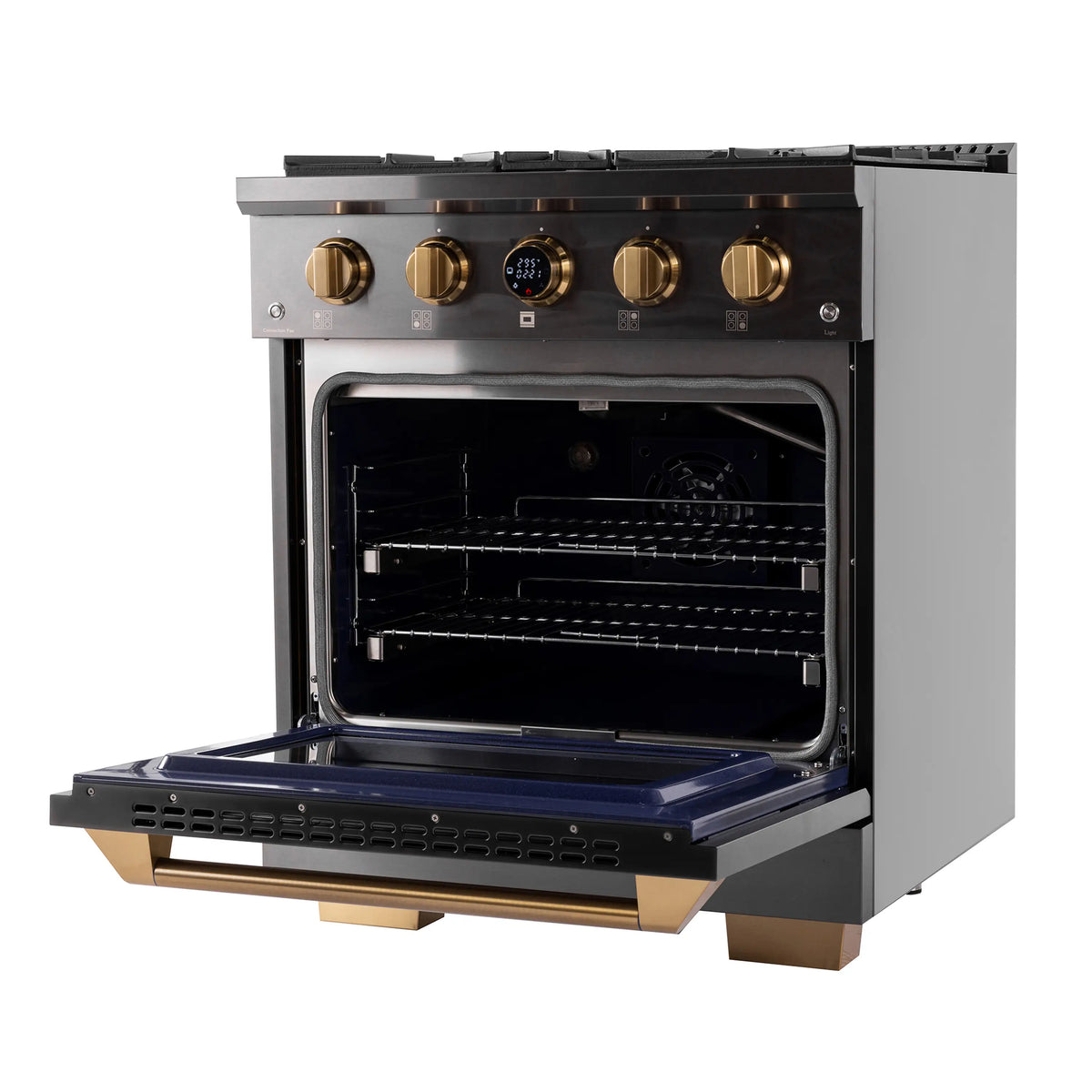 Open oven door showing interior racks and dark glass on a gas range