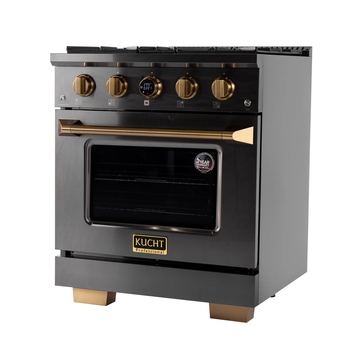 Dark stainless steel propane gas range with burner knobs and oven window