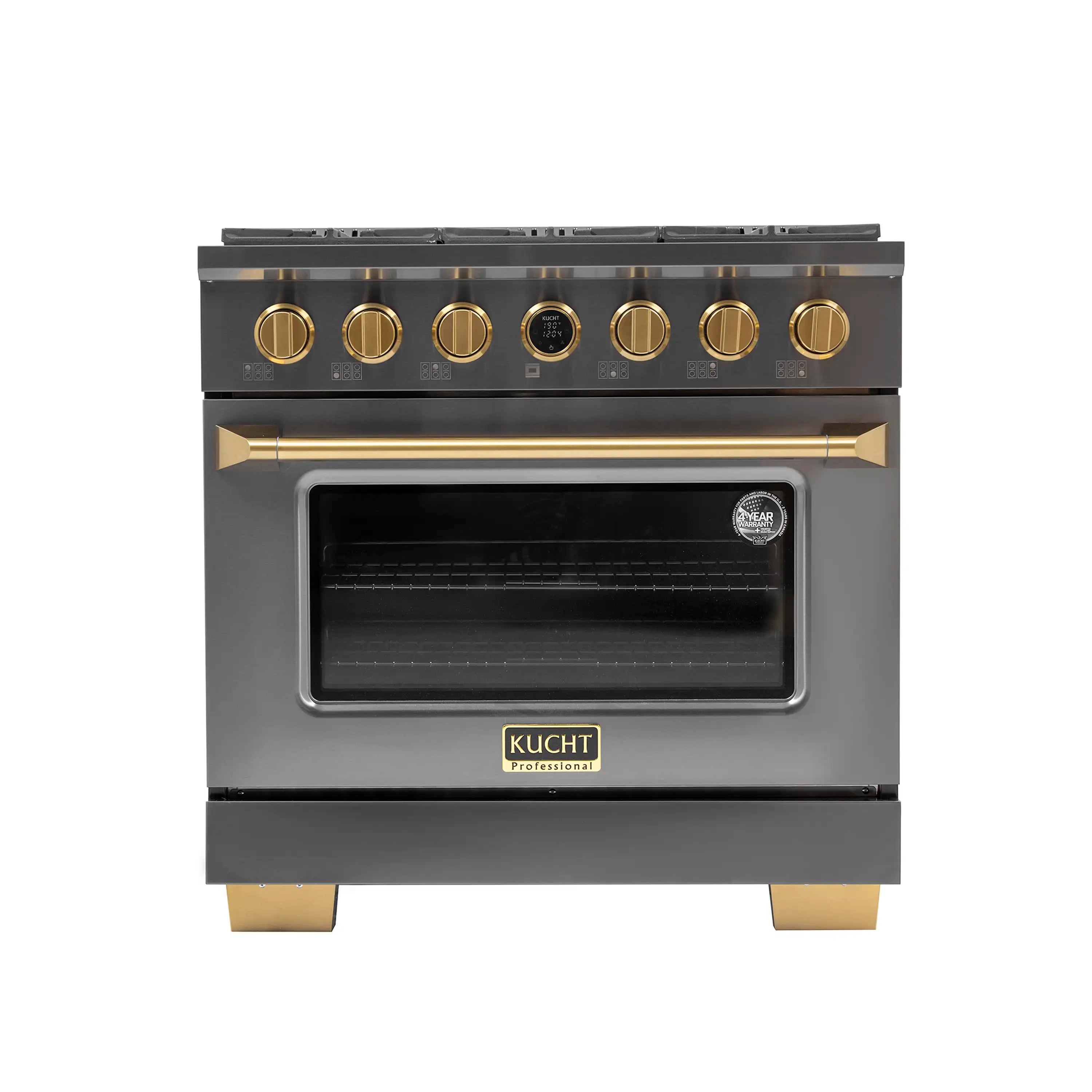 Dark titanium stainless dual fuel range with gold knobs and closed oven door