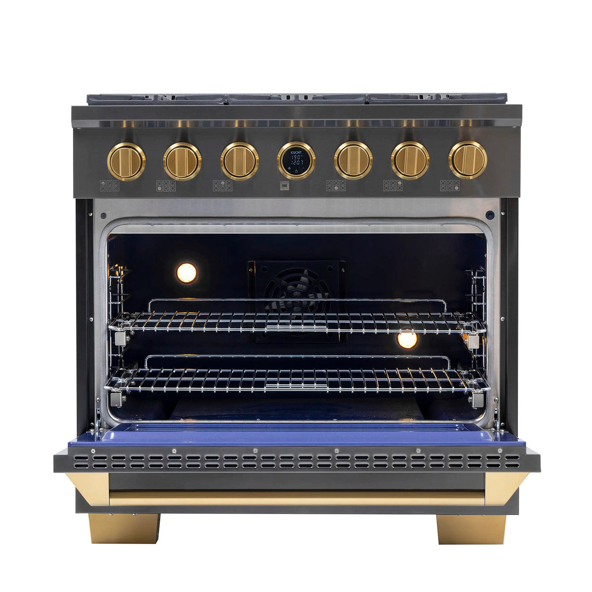 Kucht dual fuel range oven door open with two oven racks and interior lights