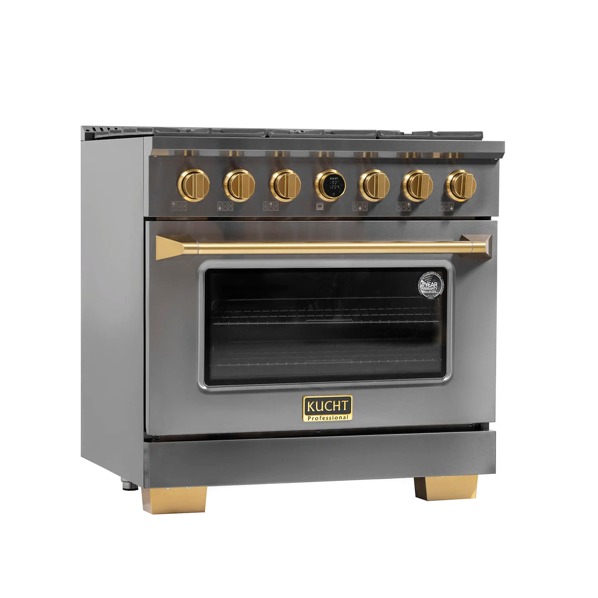 Dark titanium stainless propane gas range with gold control knobs and centered oven door window