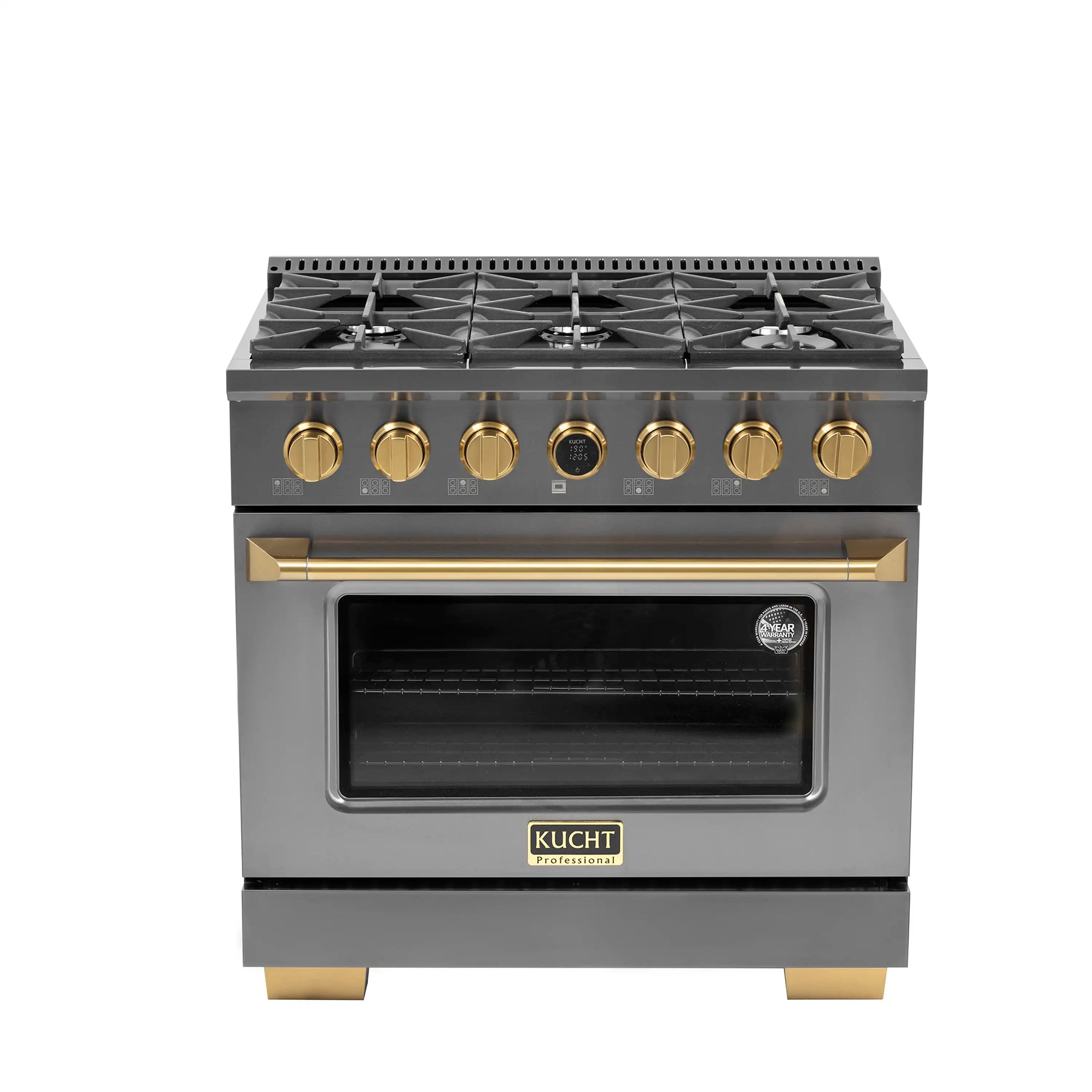 Dark titanium stainless dual fuel range with six gas burners and gold control knobs
