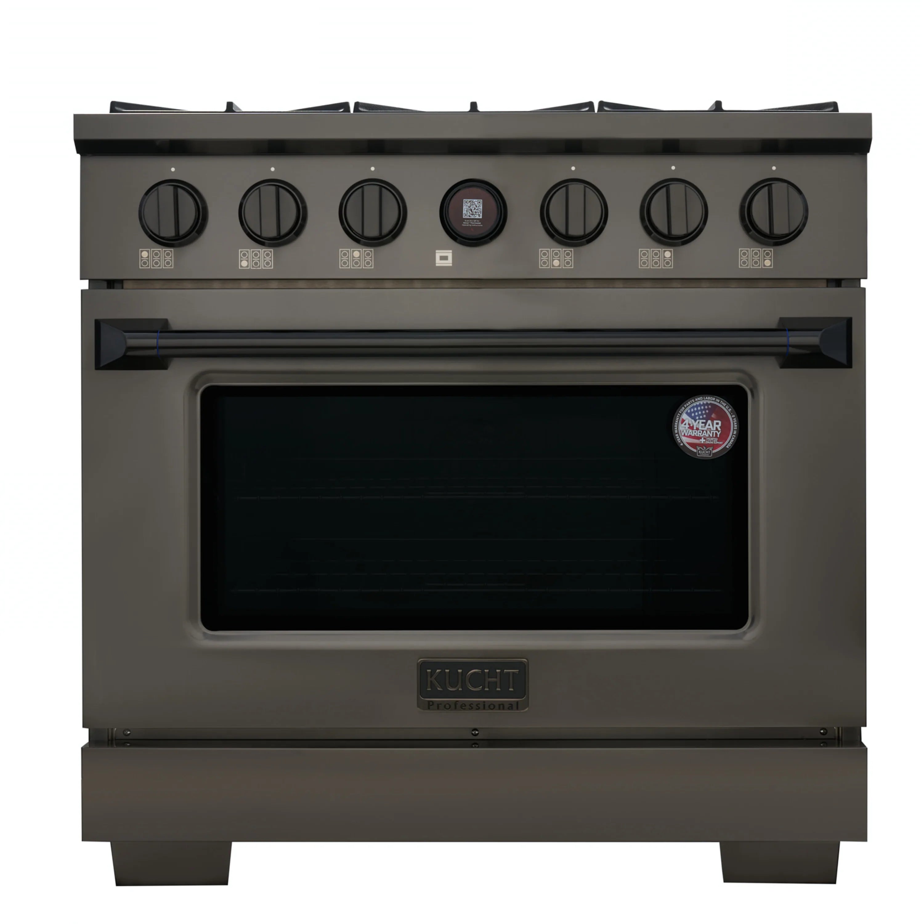 Freestanding dual-fuel range front with six black burner knobs and oven window