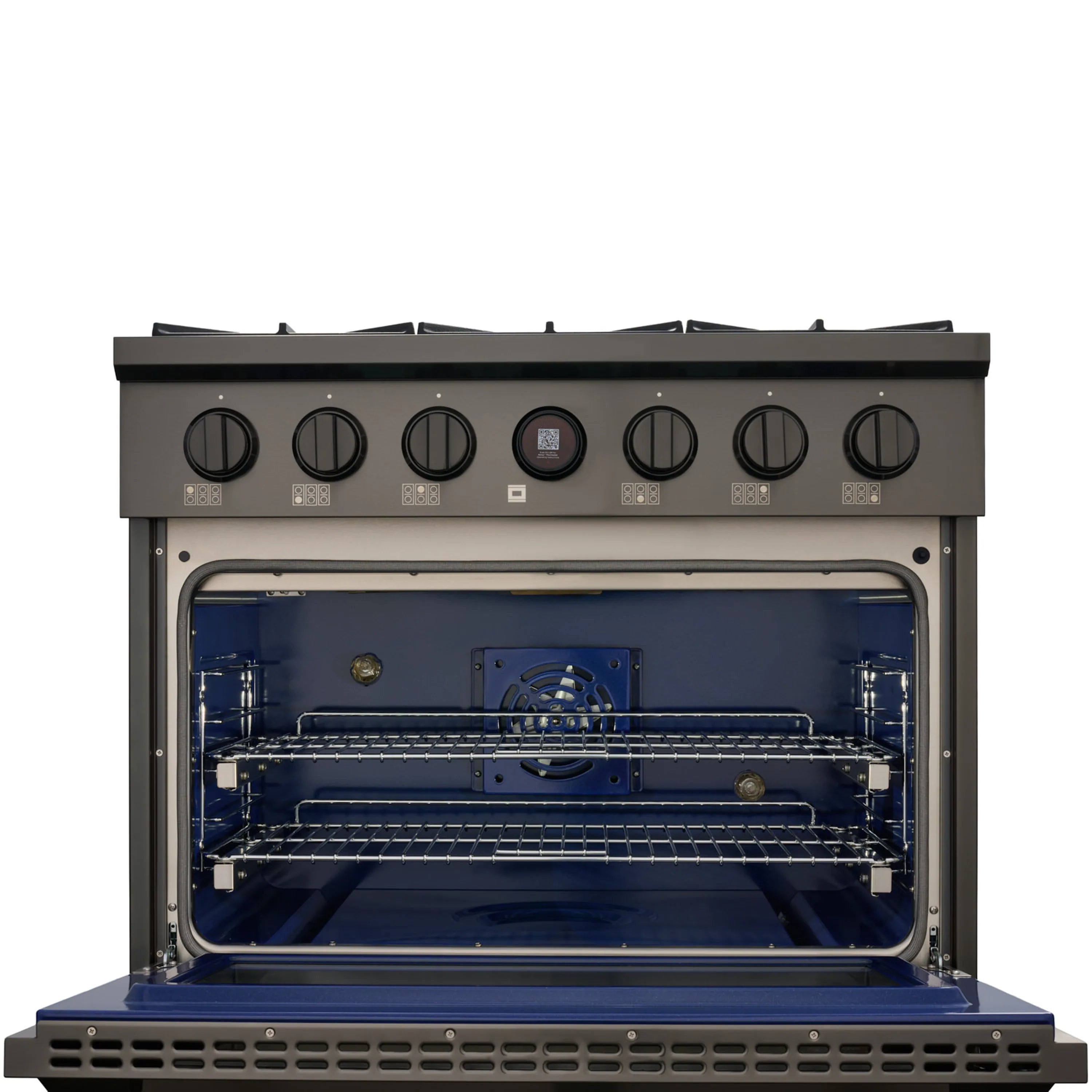 Dual-fuel range oven open showing blue-lit cavity and interior racks