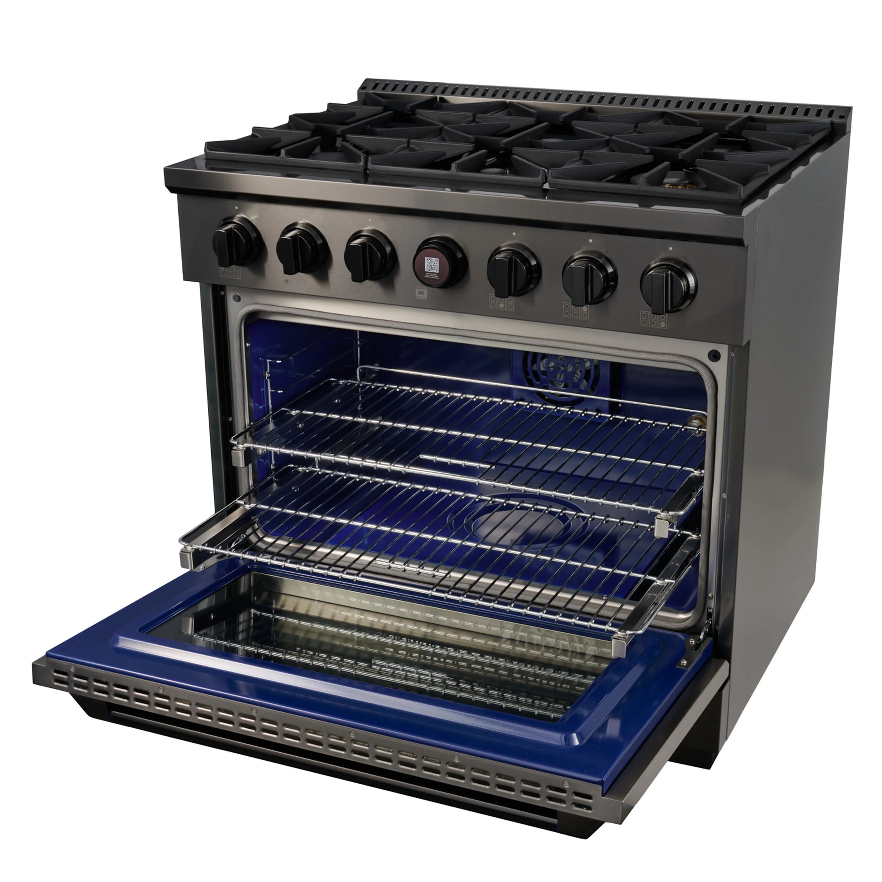 Dual-fuel range oven open with upper burner and wire racks inside