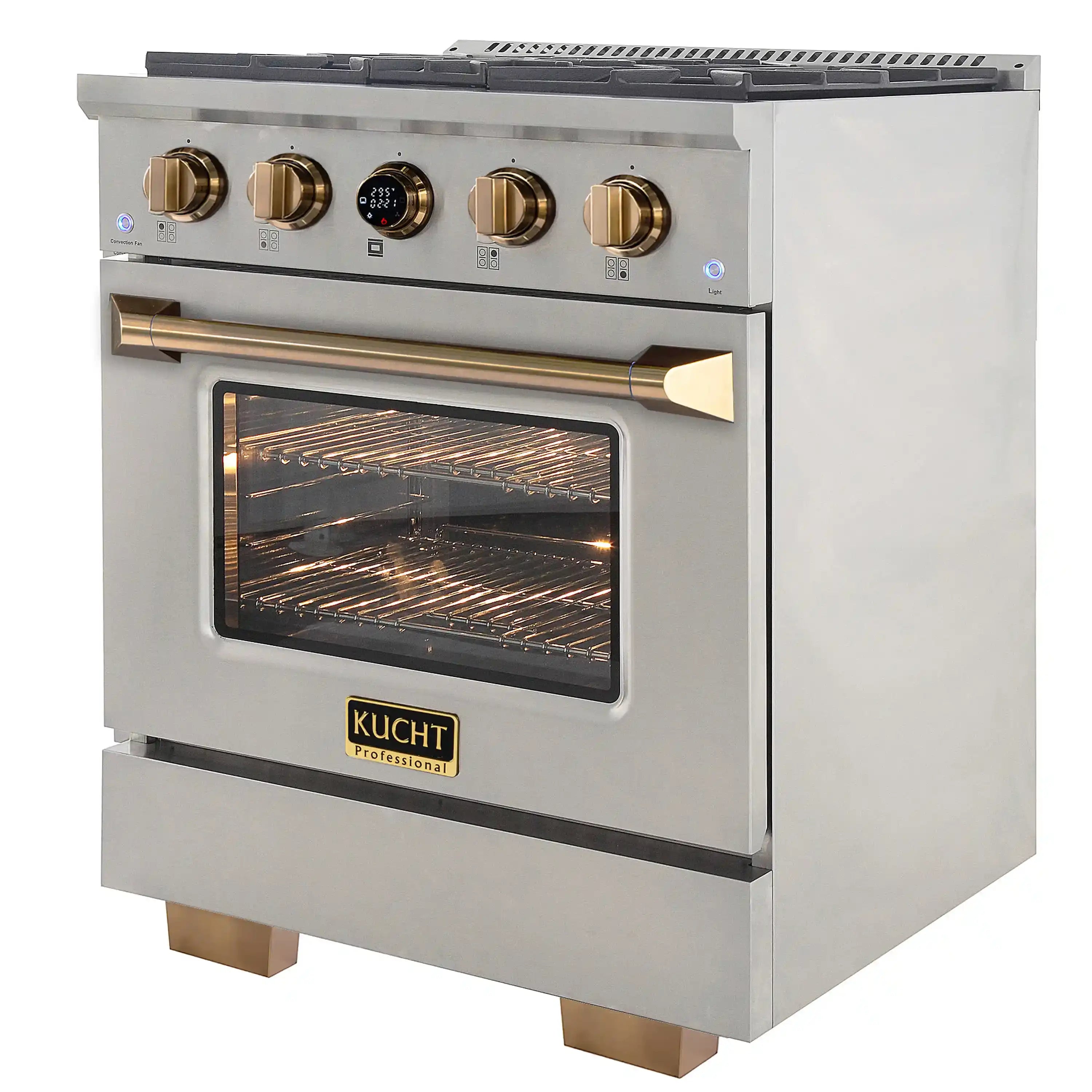 Stainless dual fuel range front with gold control knobs and oven window