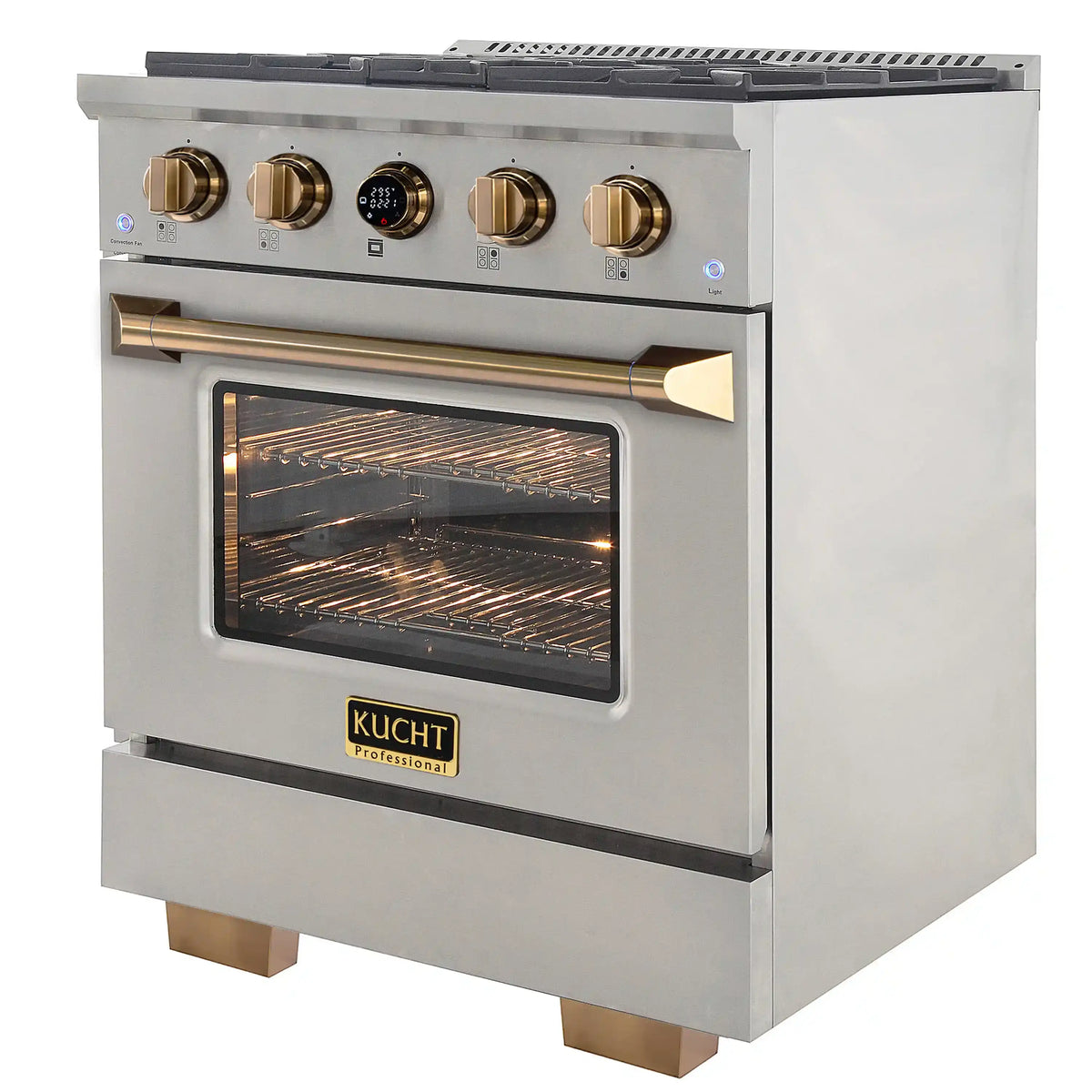 Stainless gas range with gold control knobs and lit oven window showing interior racks