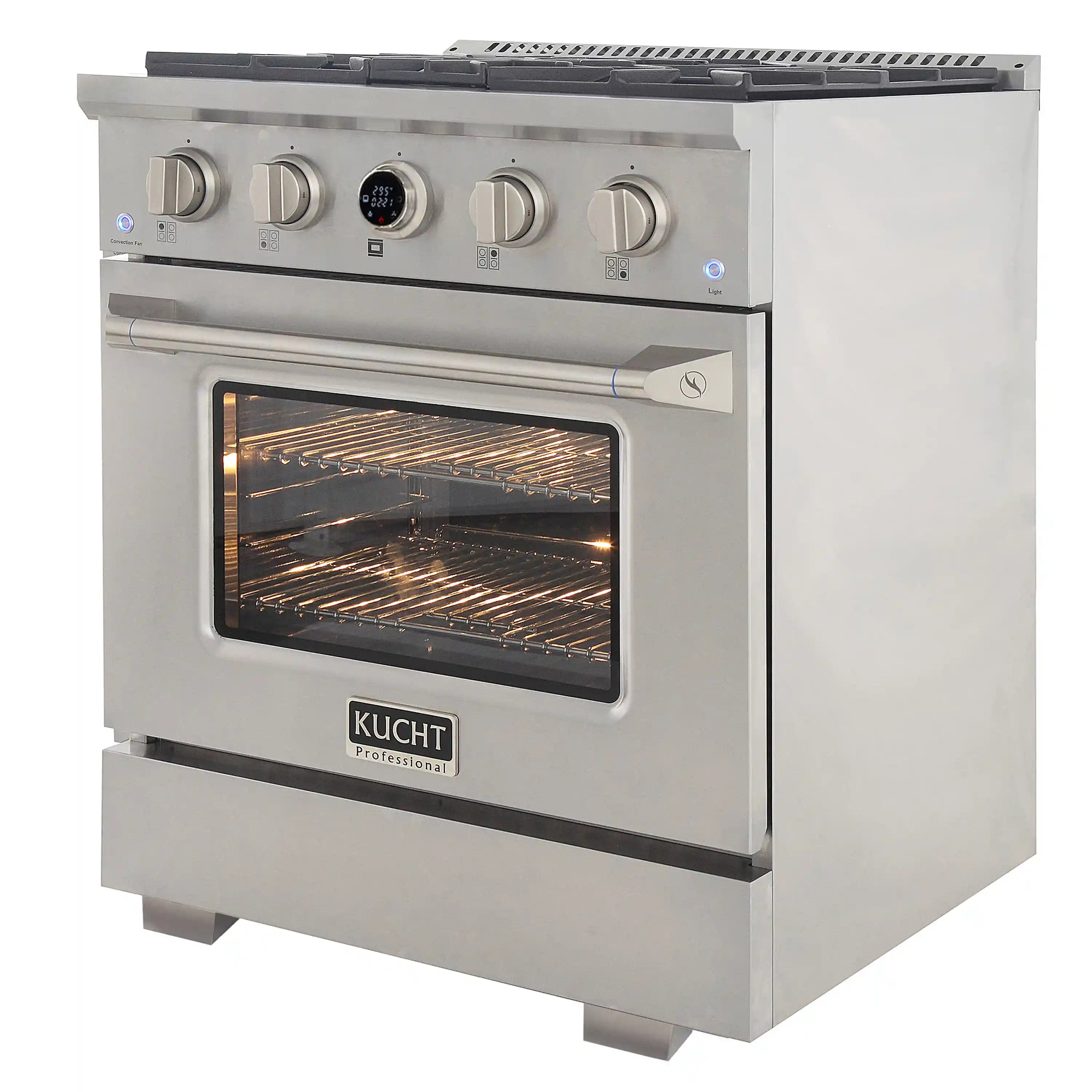 Stainless dual fuel range with lit oven window and control knobs across the front
