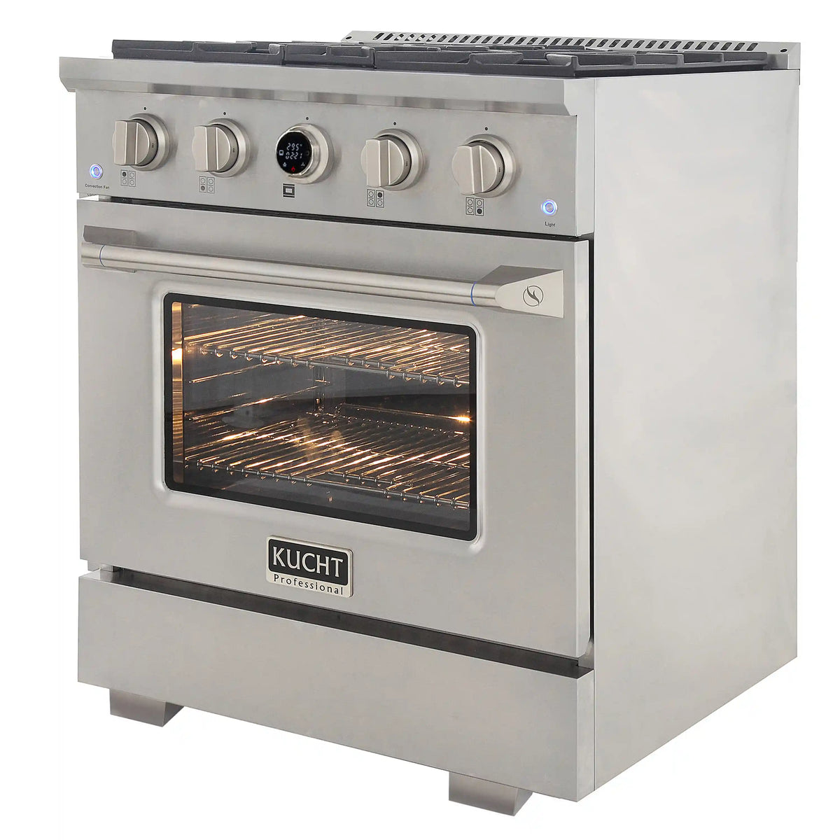 Stainless dual fuel range side view with lit oven window and control knobs
