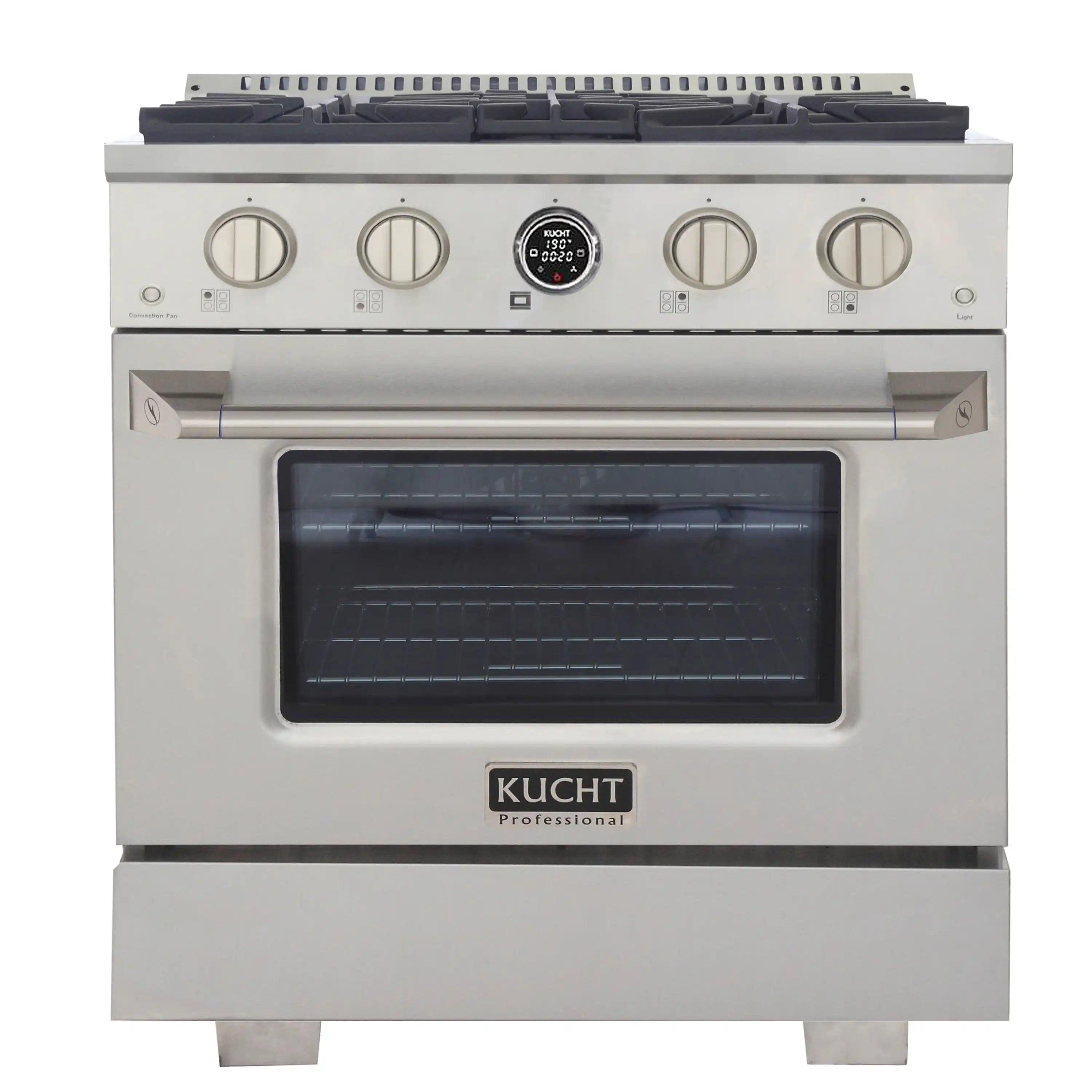 Stainless steel dual fuel range with four gas burners and open oven door