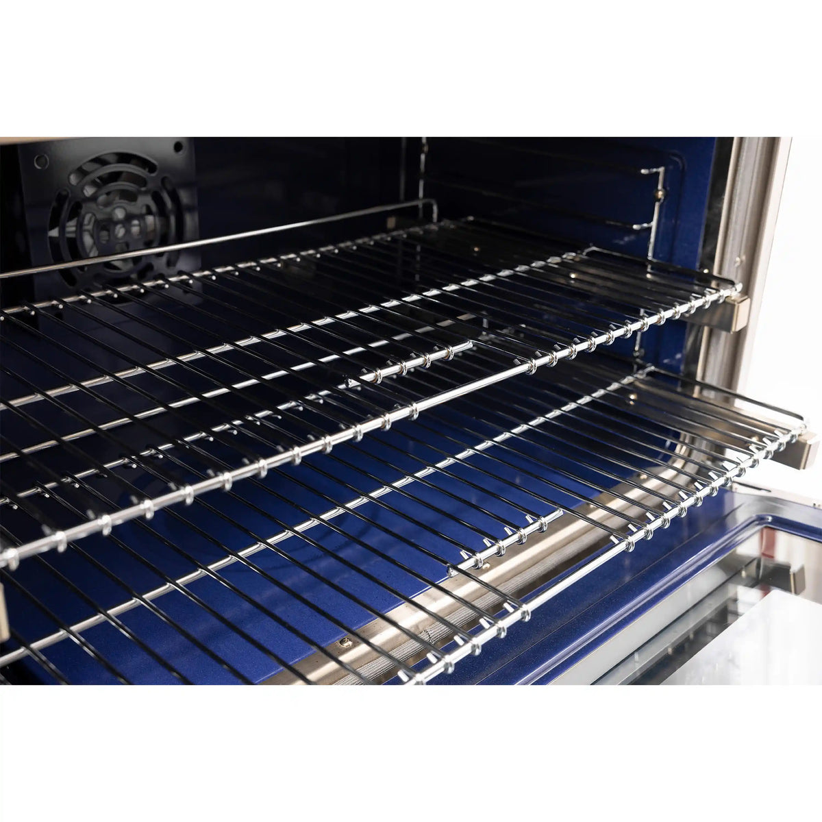 Black oven interior with chrome cooking racks and side wire supports