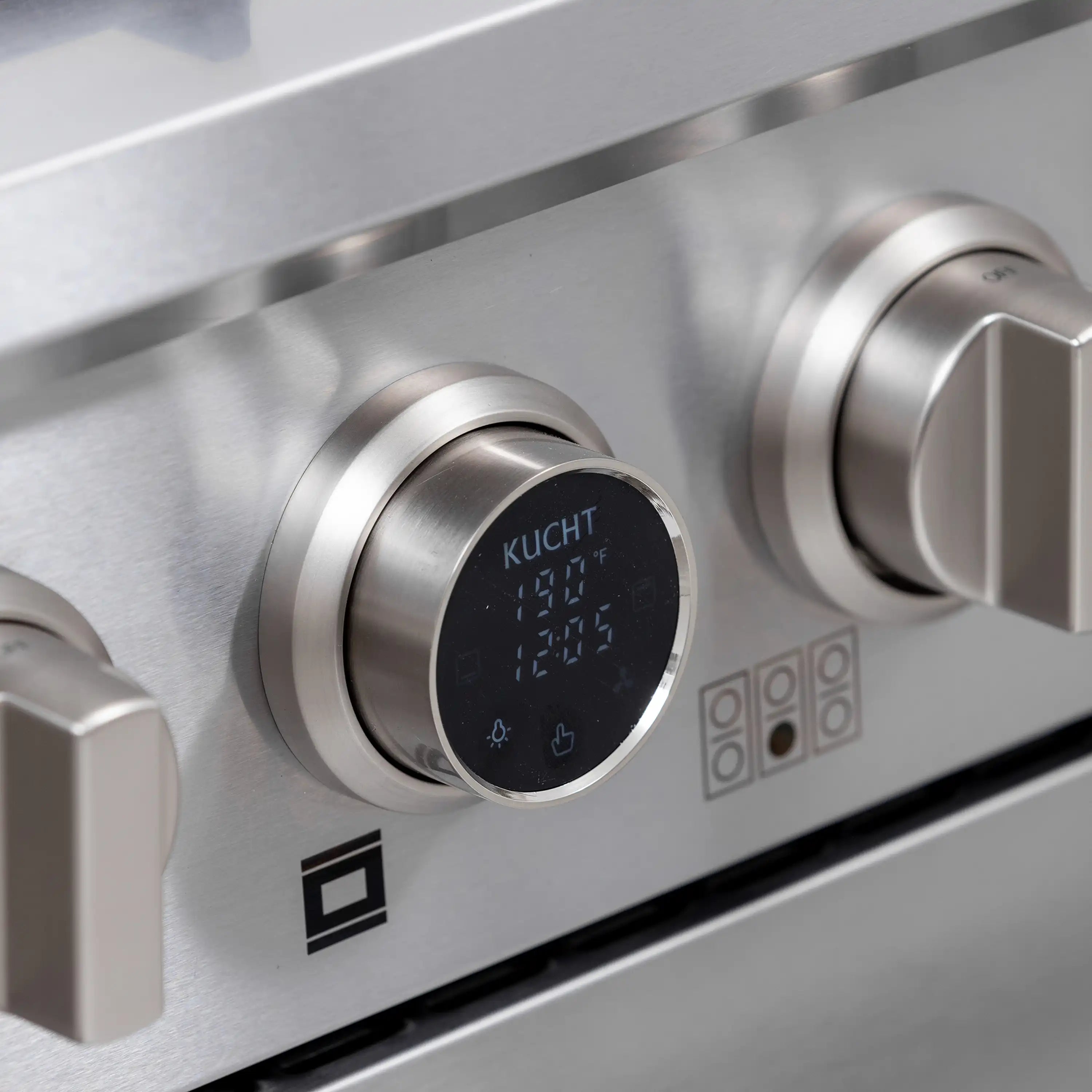 Stainless oven control knob with digital display icons on the front panel