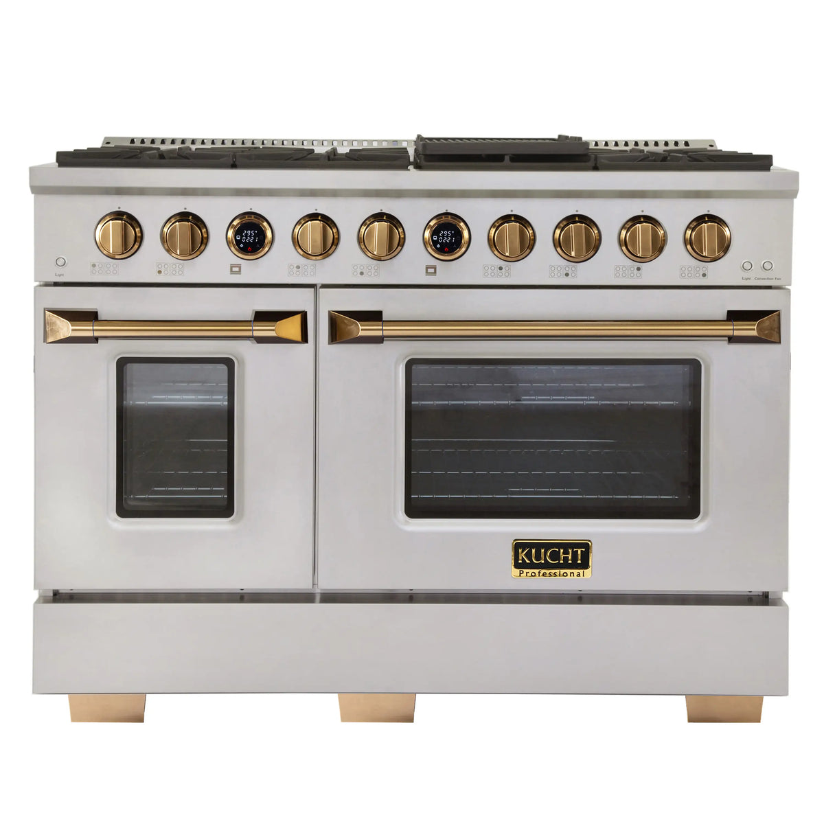 Stainless steel propane gas range with gold knobs, burner grates, and windowed ovens