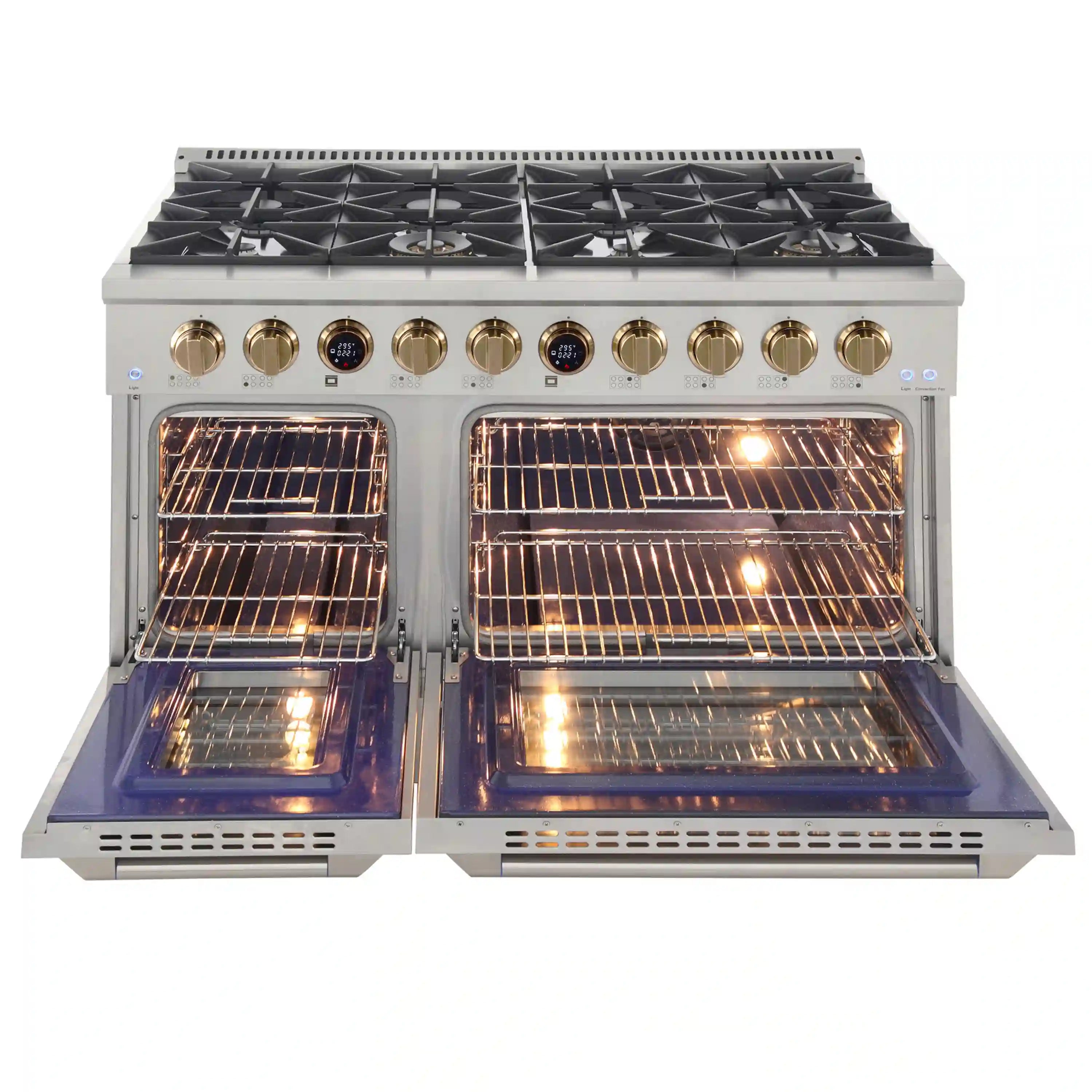 Stainless steel dual fuel range with gas burners and open ovens showing racks