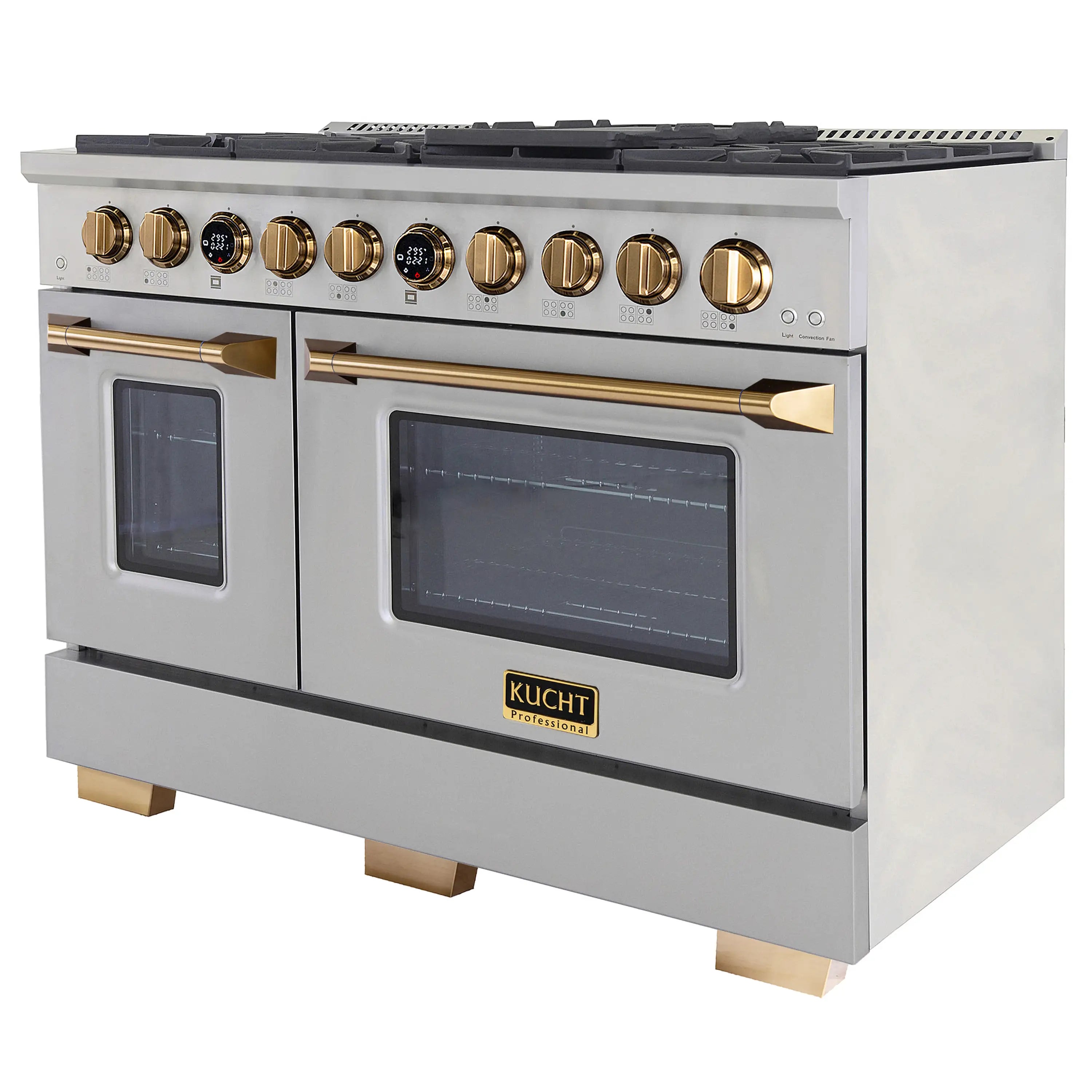Stainless steel dual fuel range with gold accents, digital display oven, and control knobs