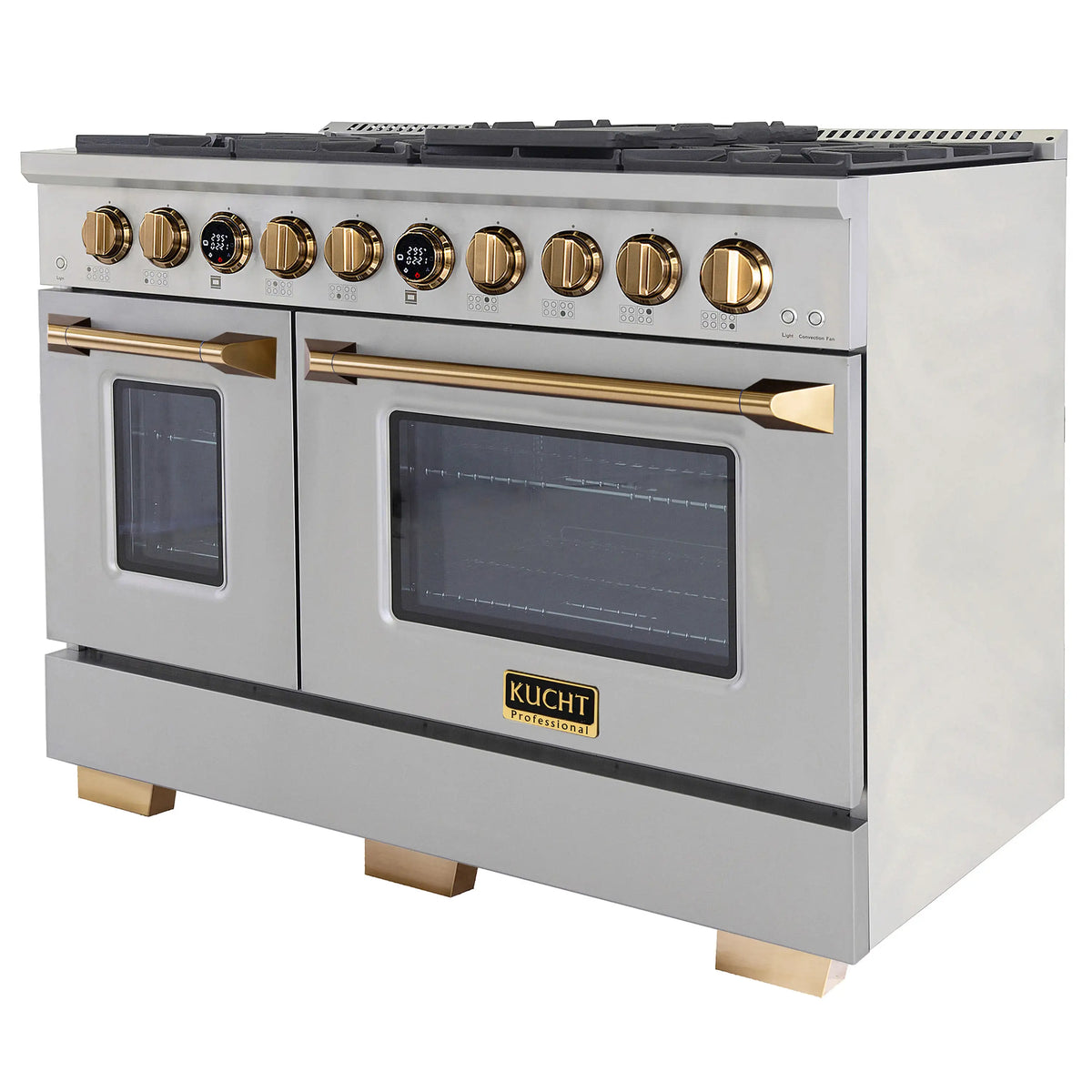 Stainless steel gas range with gold control panel, oven doors, and pull handles
