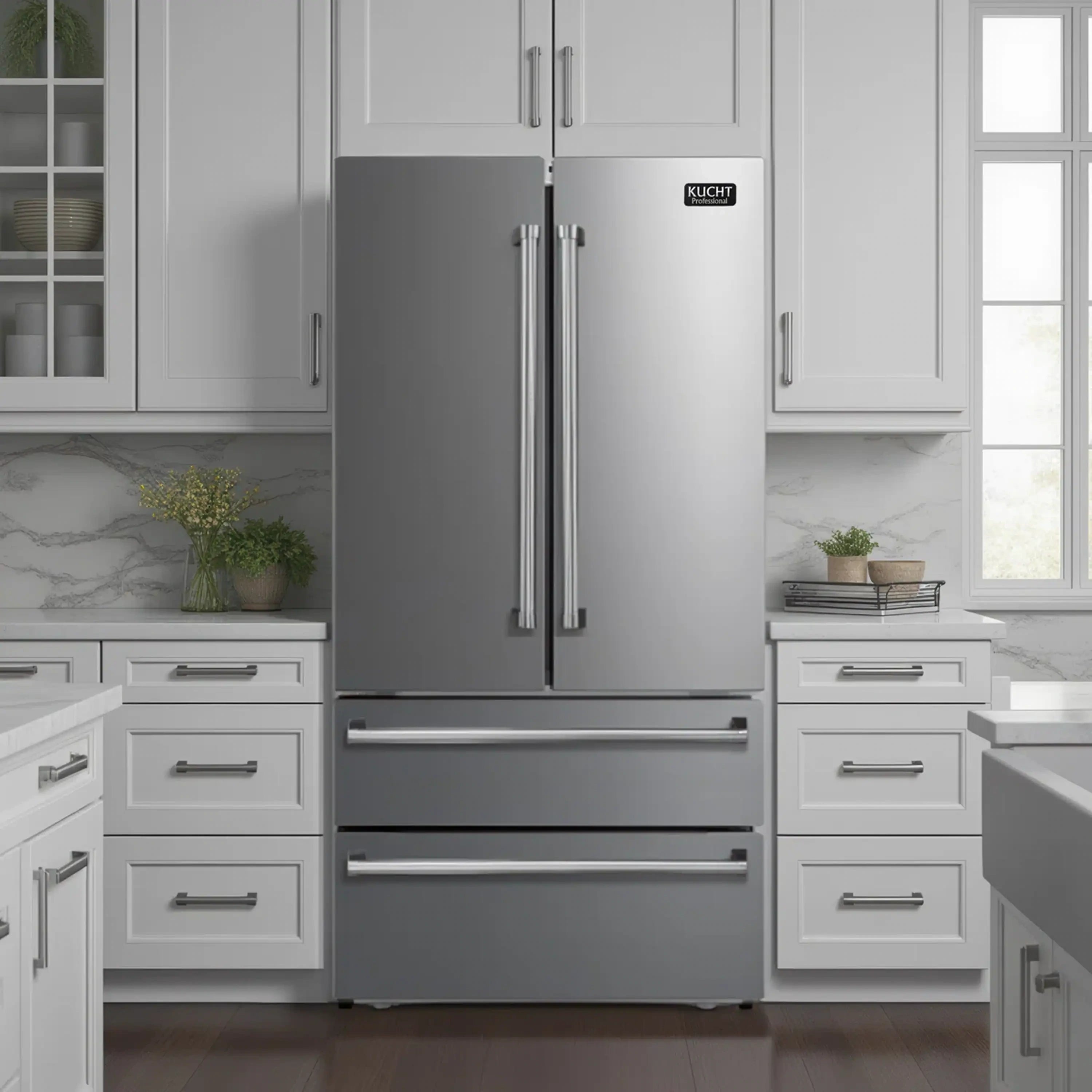 Stainless steel French door refrigerator with ice maker, front view and bottom freezer drawers