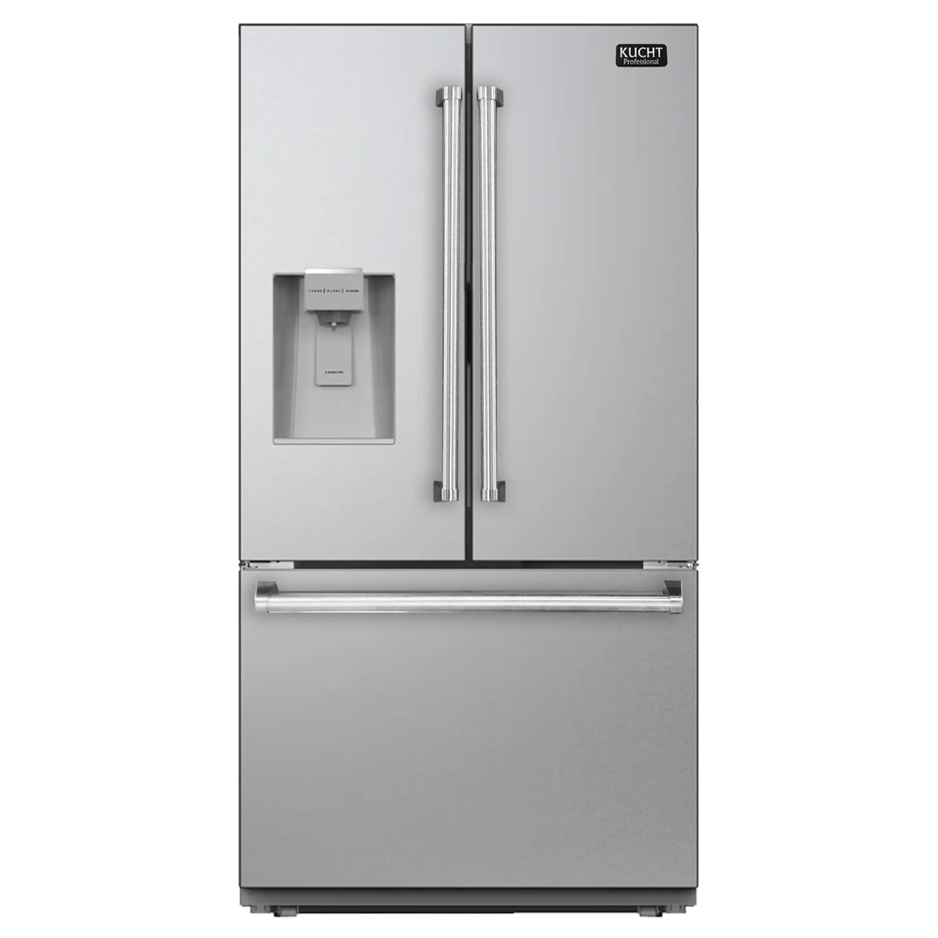 Stainless steel freestanding French door refrigerator with water/ice dispenser panel