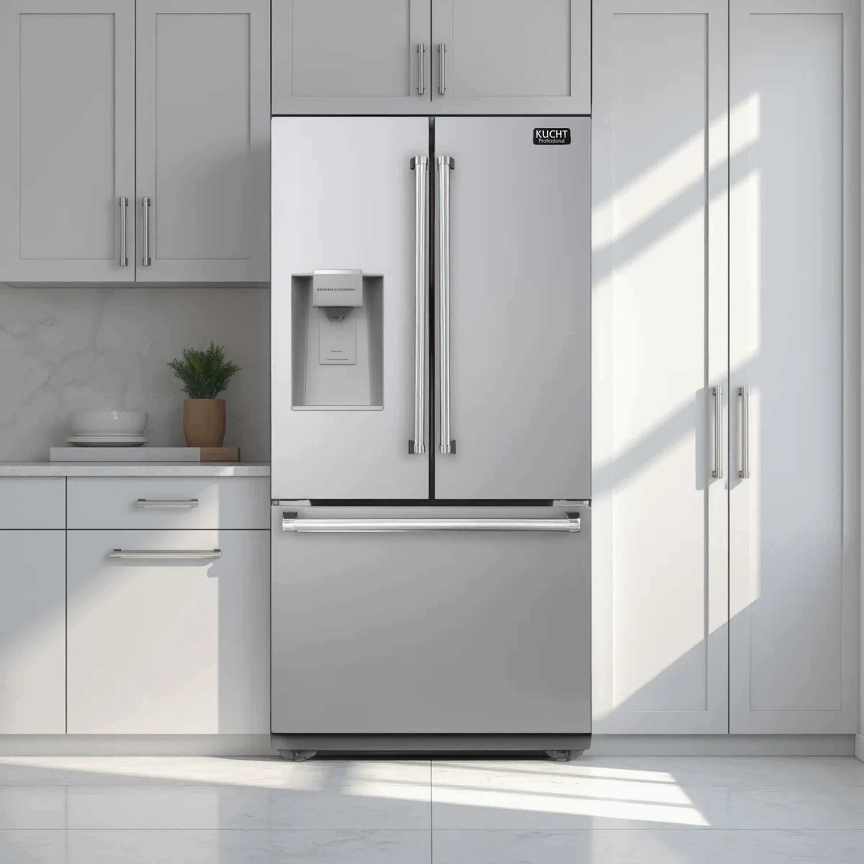 Stainless steel French door refrigerator with ice and water dispenser, freestanding