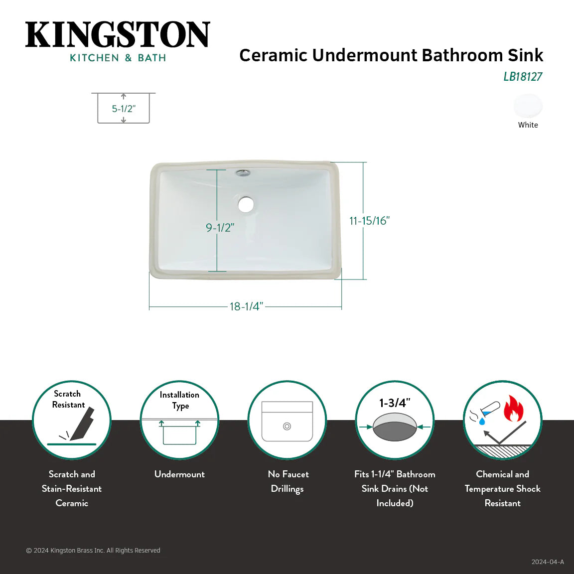 White rectangular ceramic undermount bathroom sink diagram with drain and overflow holes