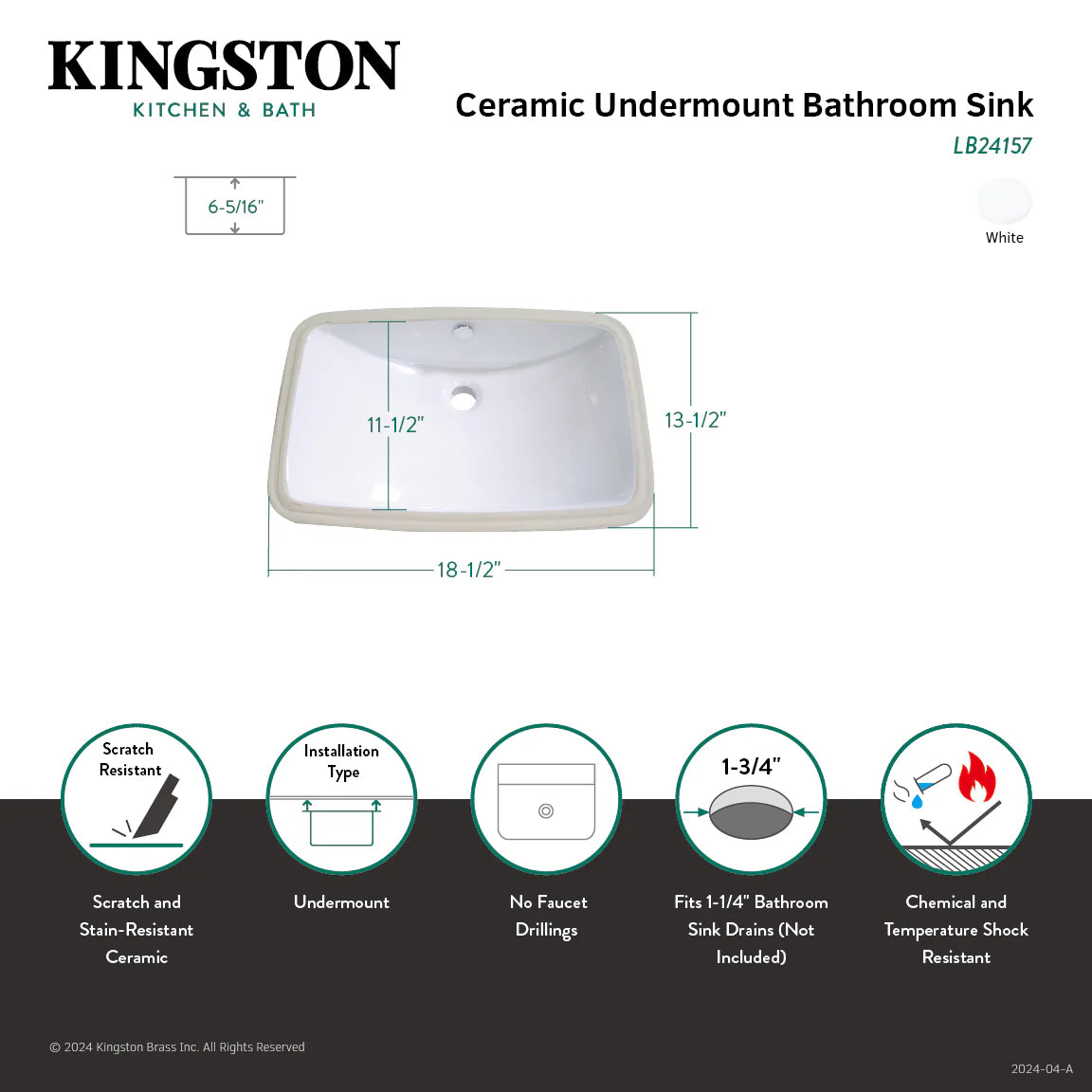 Ceramic undermount bathroom sink diagram with dimensions and central drain