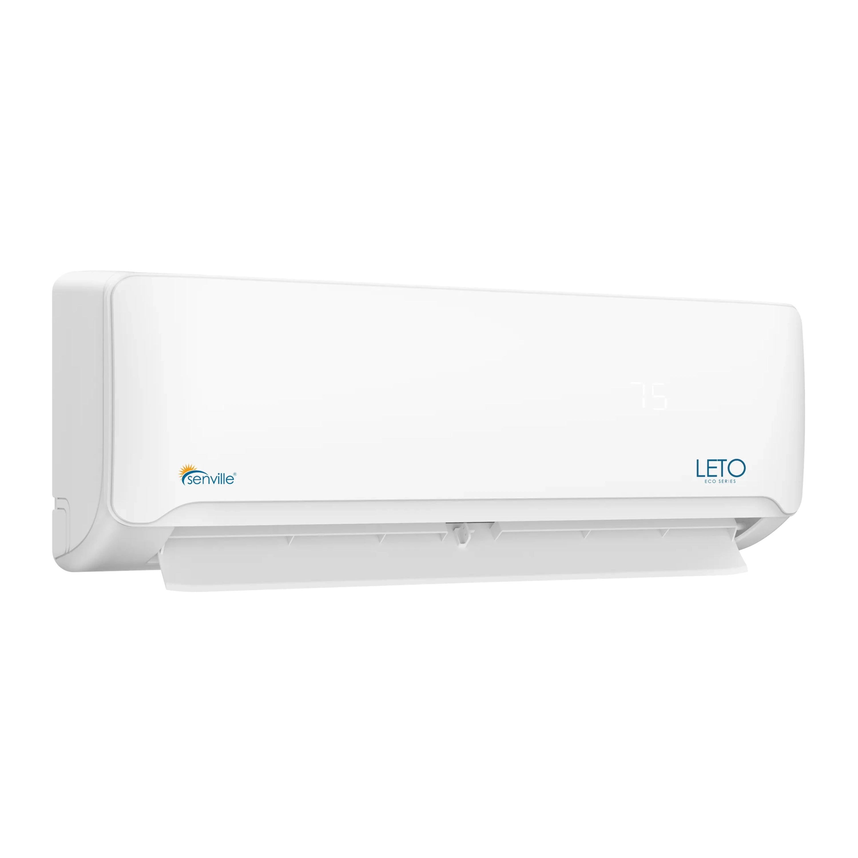 Wall-mounted mini split air handler, white unit with Senville and LETO markings