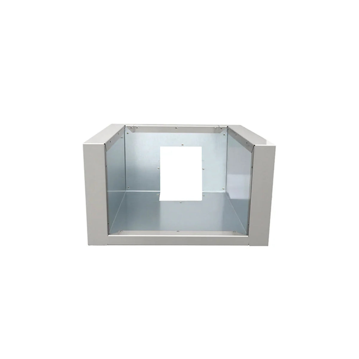 Stainless steel liner jacket, open front frame with brushed metal sides and flat base