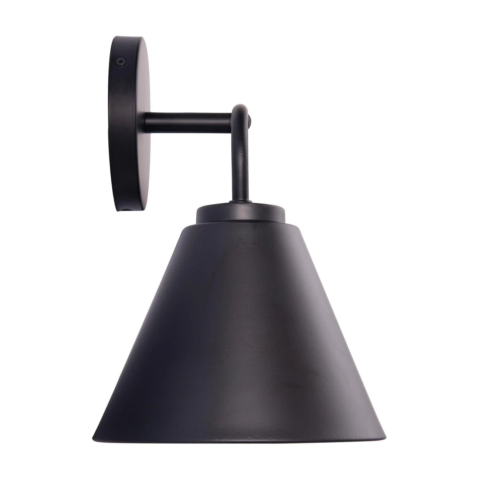 Modern black 2-light vanity wall sconce with cone shades and curved arm