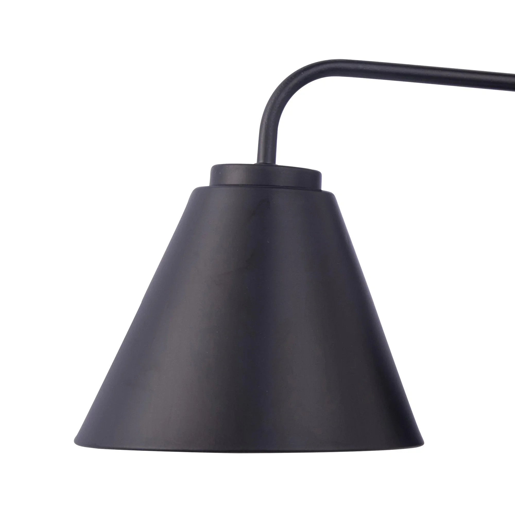 Black conical lamp shade from a modern 2-light vanity light with curved arm