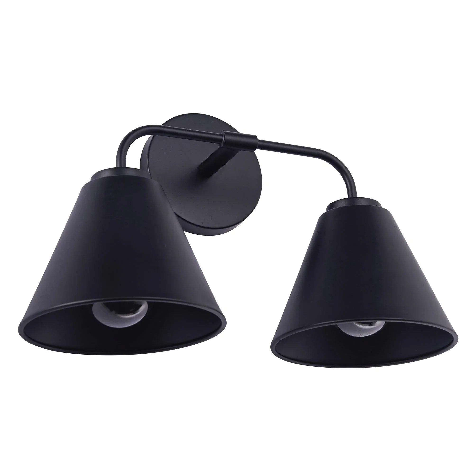Black 2-light vanity light with two conical shades and curved metal mounting bar