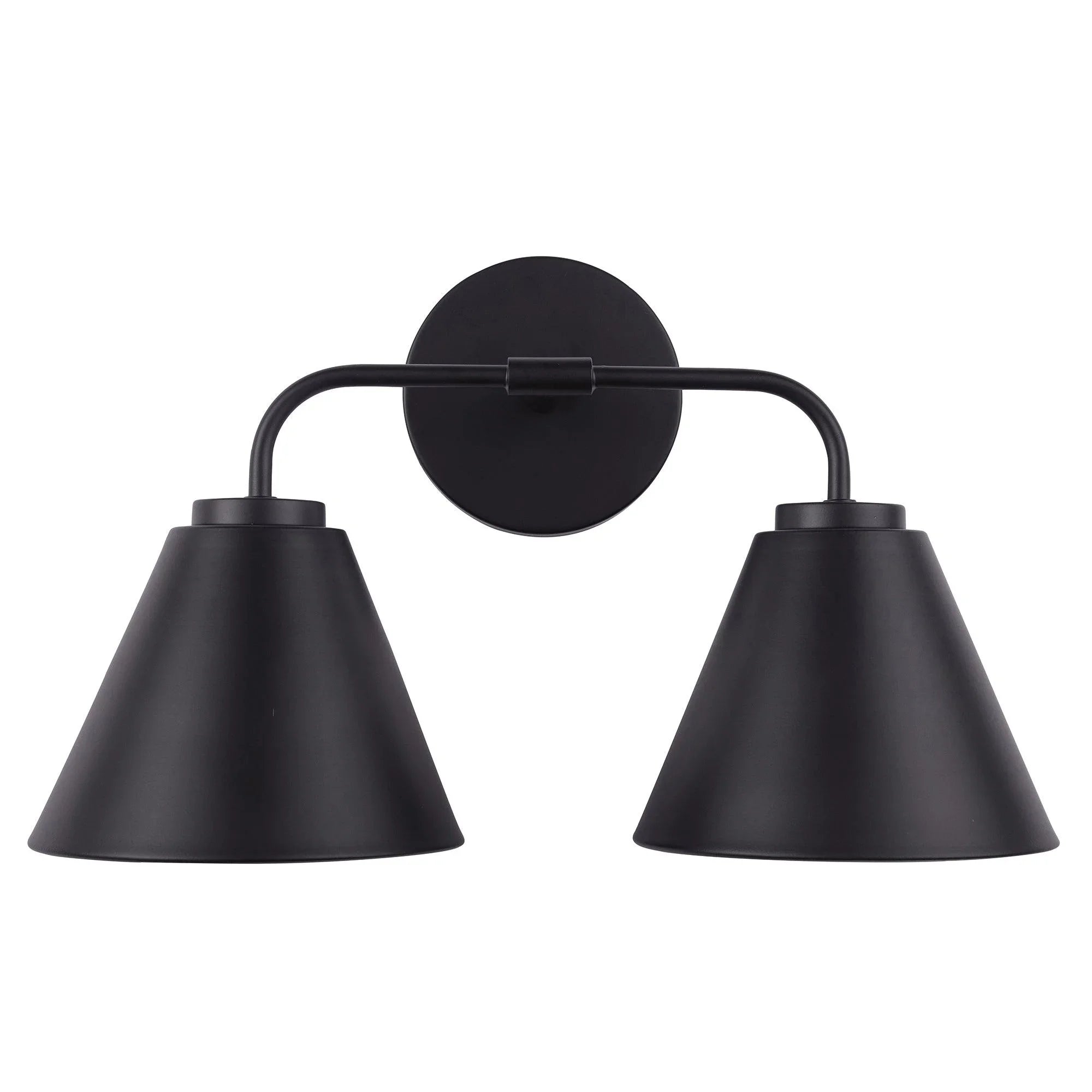 Black modern 2-light vanity light showing round backplate and twin conical shades