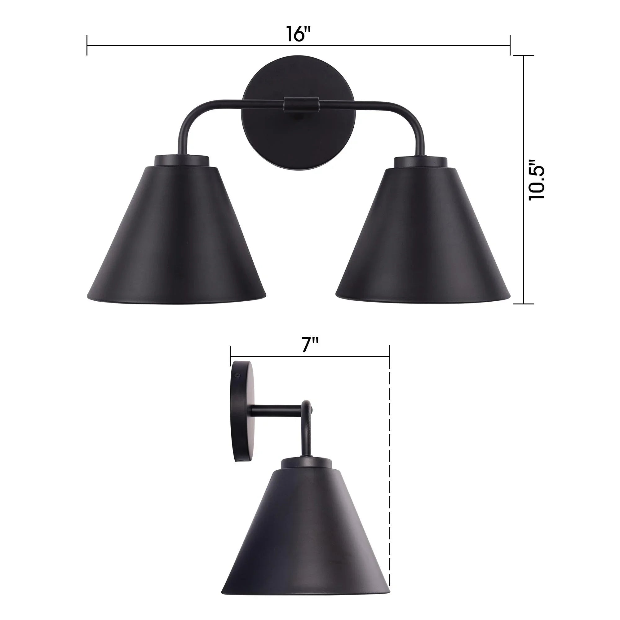 Black modern 2-light vanity light with two conical shades and round wall backplate