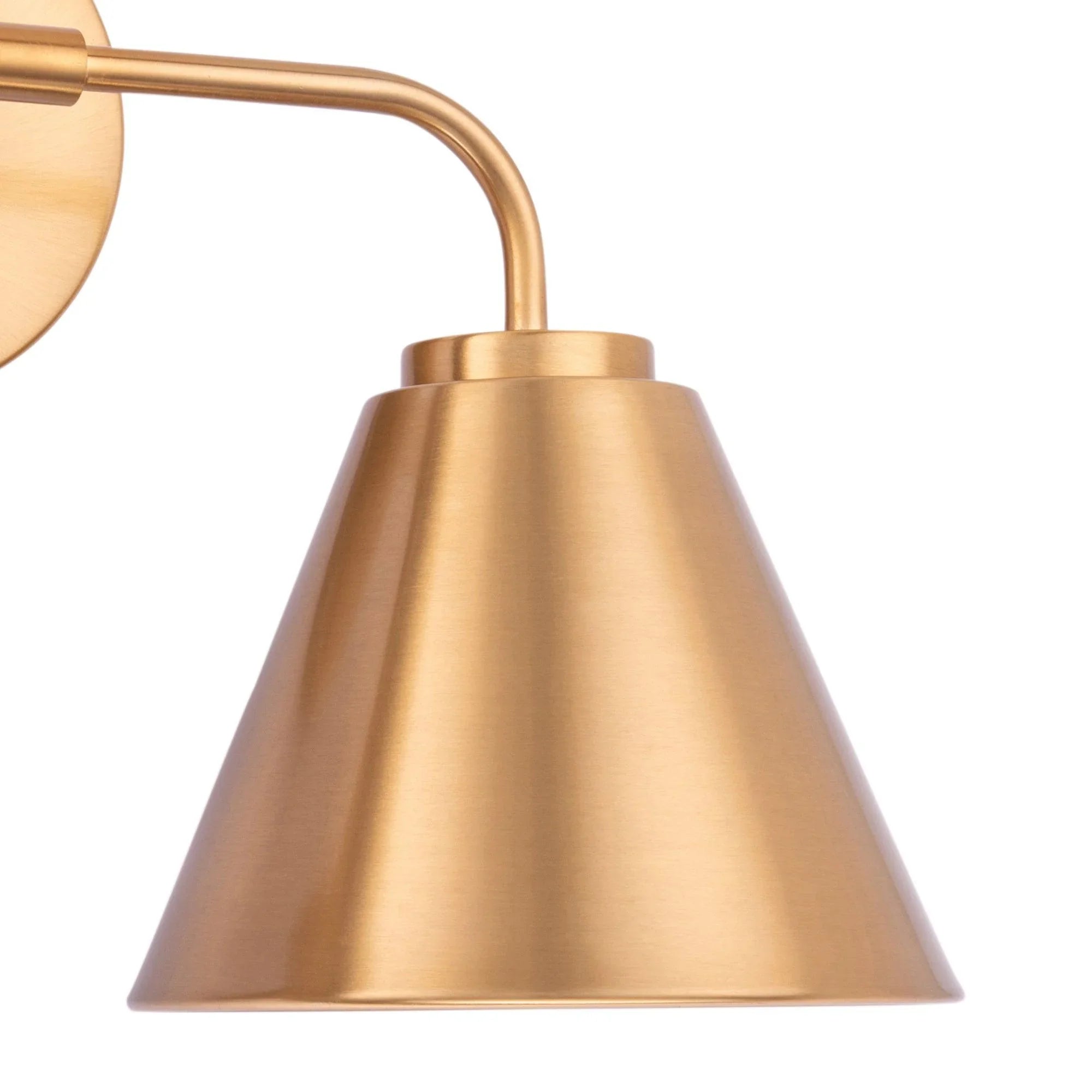 Golden conical lamp shade with brushed metal support for a 2-light vanity light