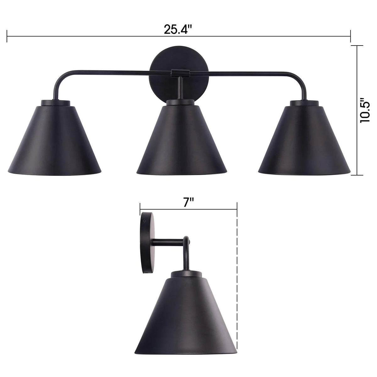 Black 3-light vanity light with arched bar and three cone shades, round backplate