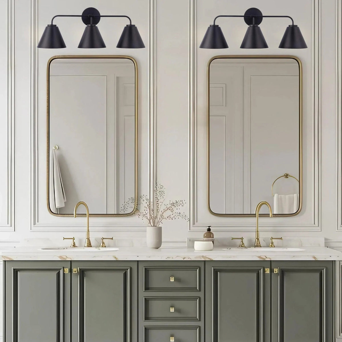 Golden 3-light vanity light with three cone shades and round center backplate