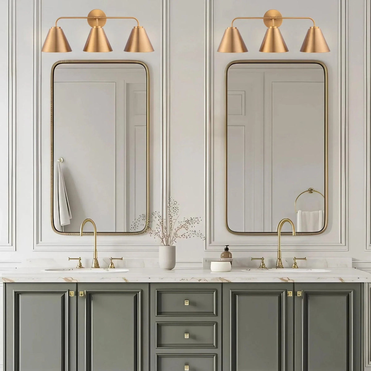 Golden 3-light vanity light with three cone shades on a curved horizontal frame
