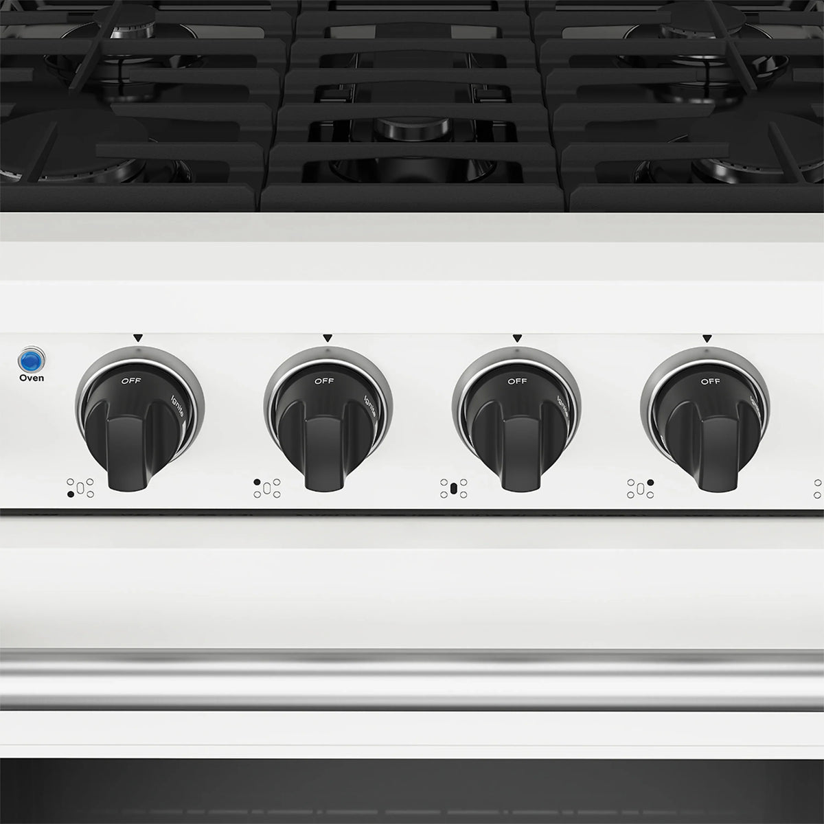 White gas range control panel with multiple black knobs labeled Off