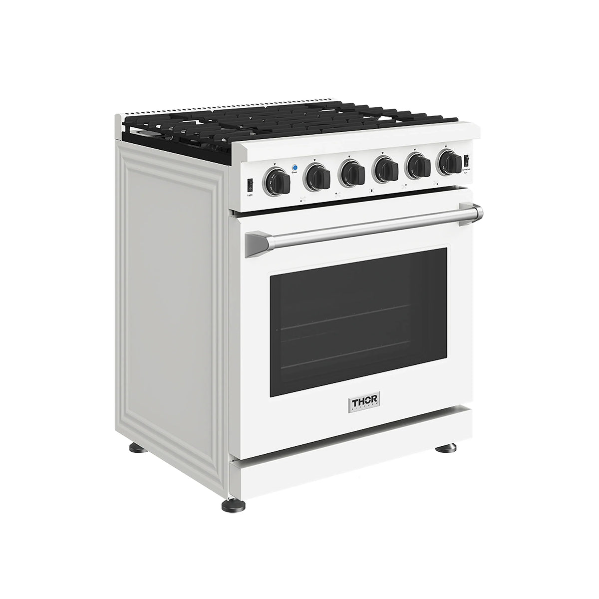 White gas range side view with black cooktop grates, control knobs, and oven door