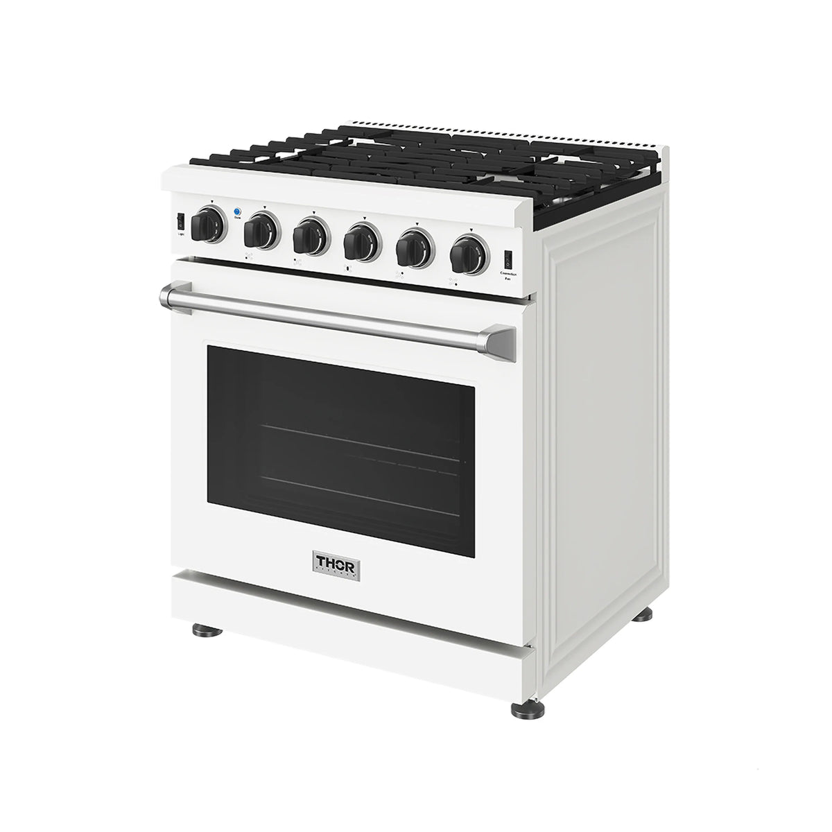 White gas range front corner view with black grates and multiple control knobs