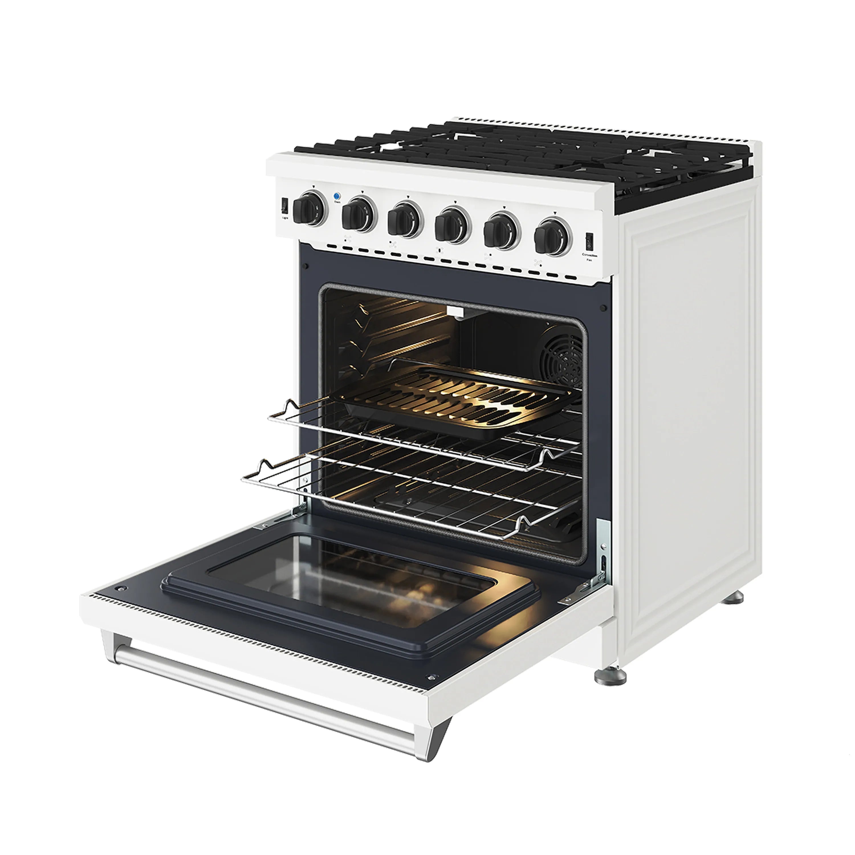 White gas range oven door open with wire racks and lit interior, side angle